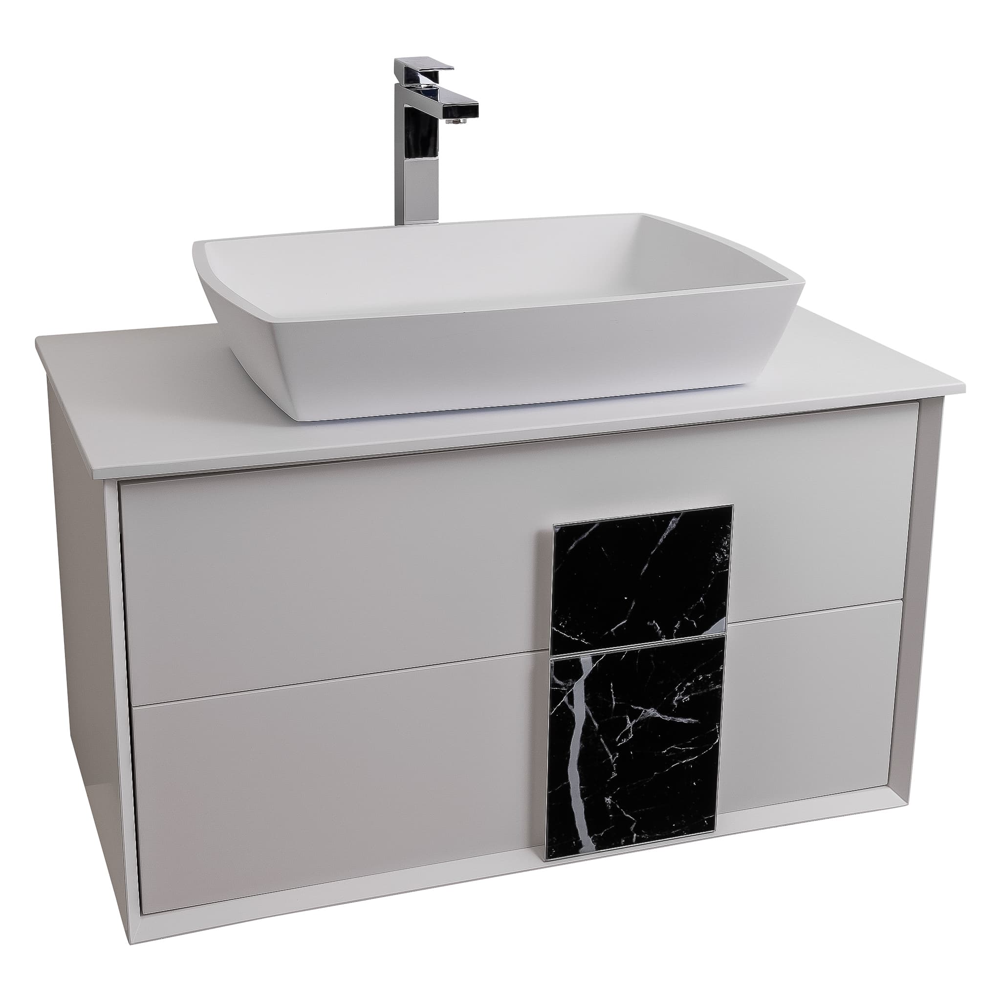 Piazza 31.5 Matte White With Black Marble Handle Cabinet, Solid Surface Flat White Counter and Square Solid Surface White Basin 1316, Wall Mounted Modern Vanity Set