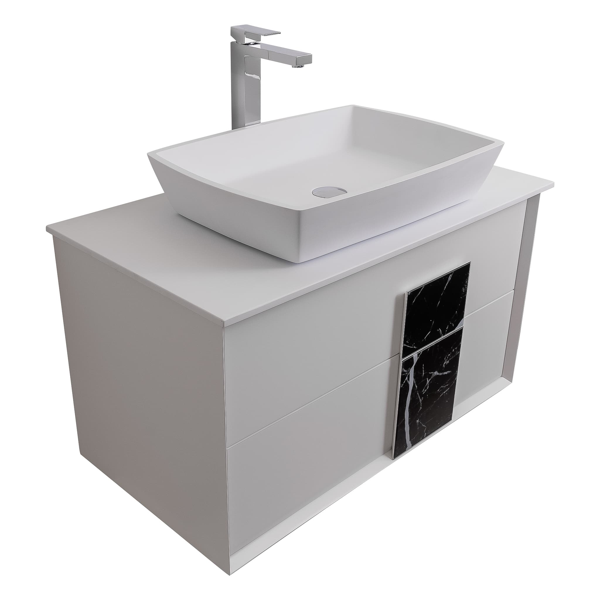 Piazza 31.5 Matte White With Black Marble Handle Cabinet, Solid Surface Flat White Counter and Square Solid Surface White Basin 1316, Wall Mounted Modern Vanity Set