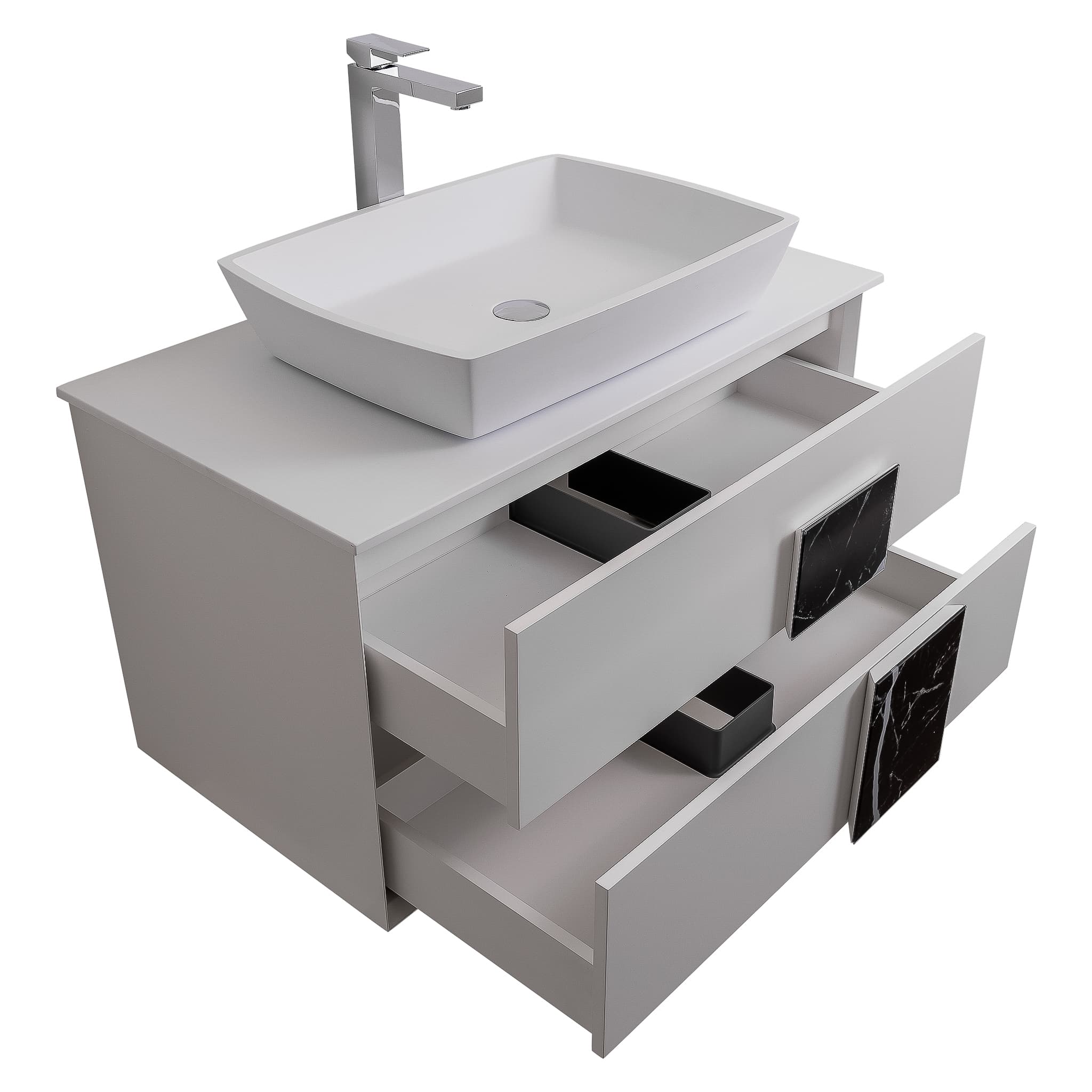 Piazza 31.5 Matte White With Black Marble Handle Cabinet, Solid Surface Flat White Counter and Square Solid Surface White Basin 1316, Wall Mounted Modern Vanity Set