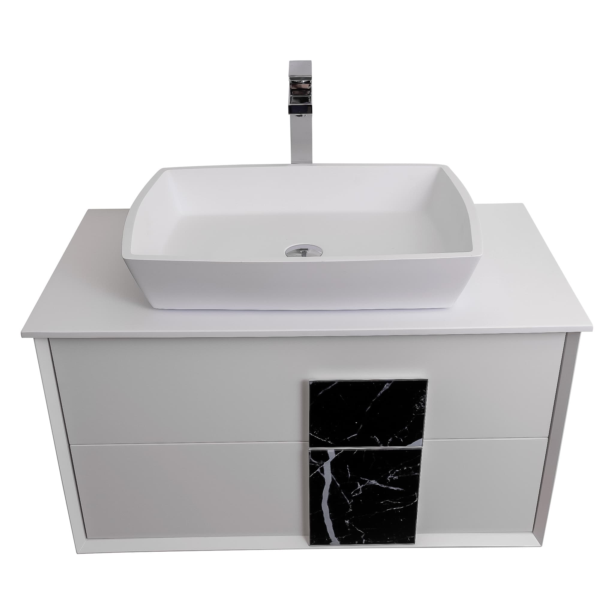 Piazza 31.5 Matte White With Black Marble Handle Cabinet, Solid Surface Flat White Counter and Square Solid Surface White Basin 1316, Wall Mounted Modern Vanity Set