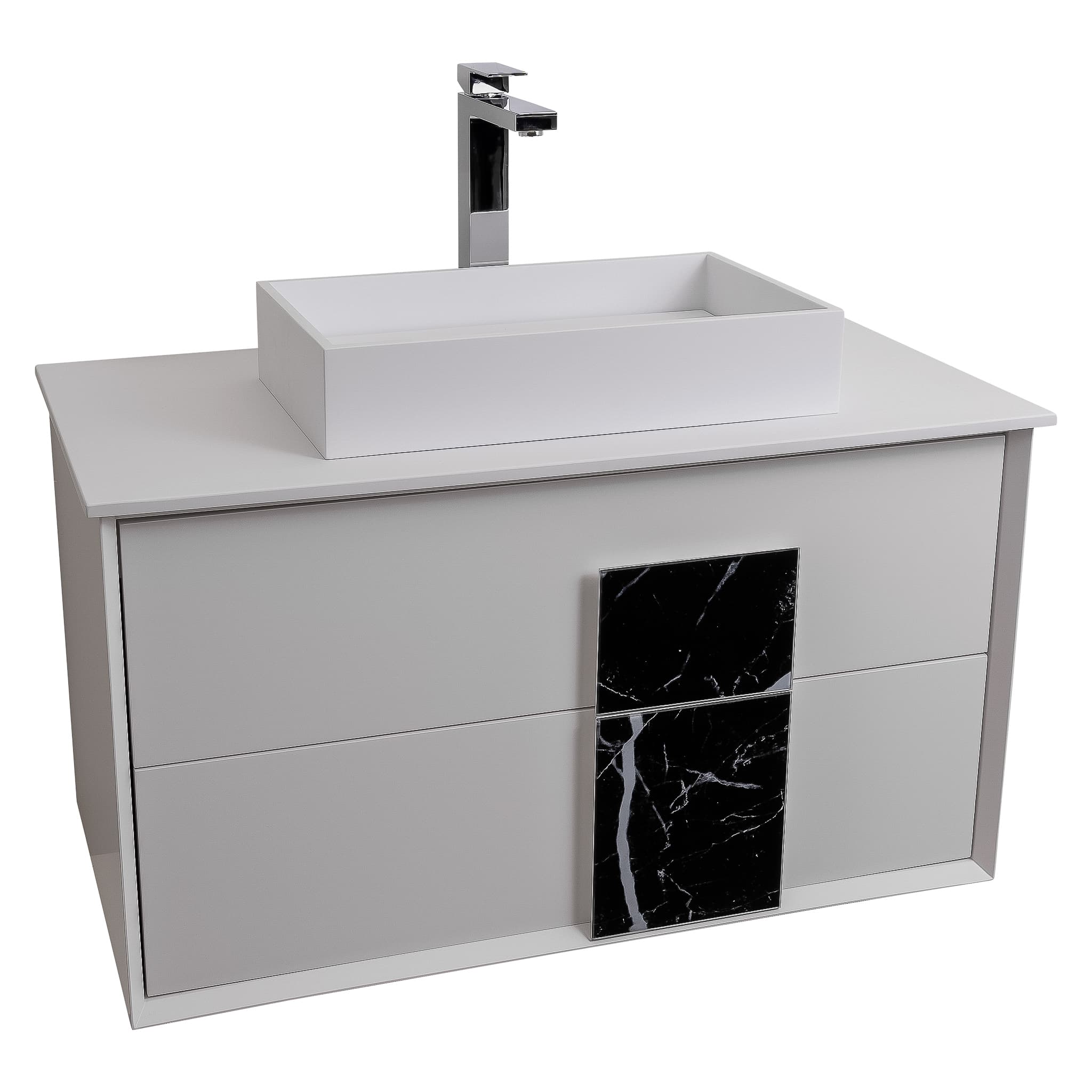 Piazza 31.5 Matte White With Black Marble Handle Cabinet, Solid Surface Flat White Counter and Infinity Square Solid Surface White Basin 1329, Wall Mounted Modern Vanity Set