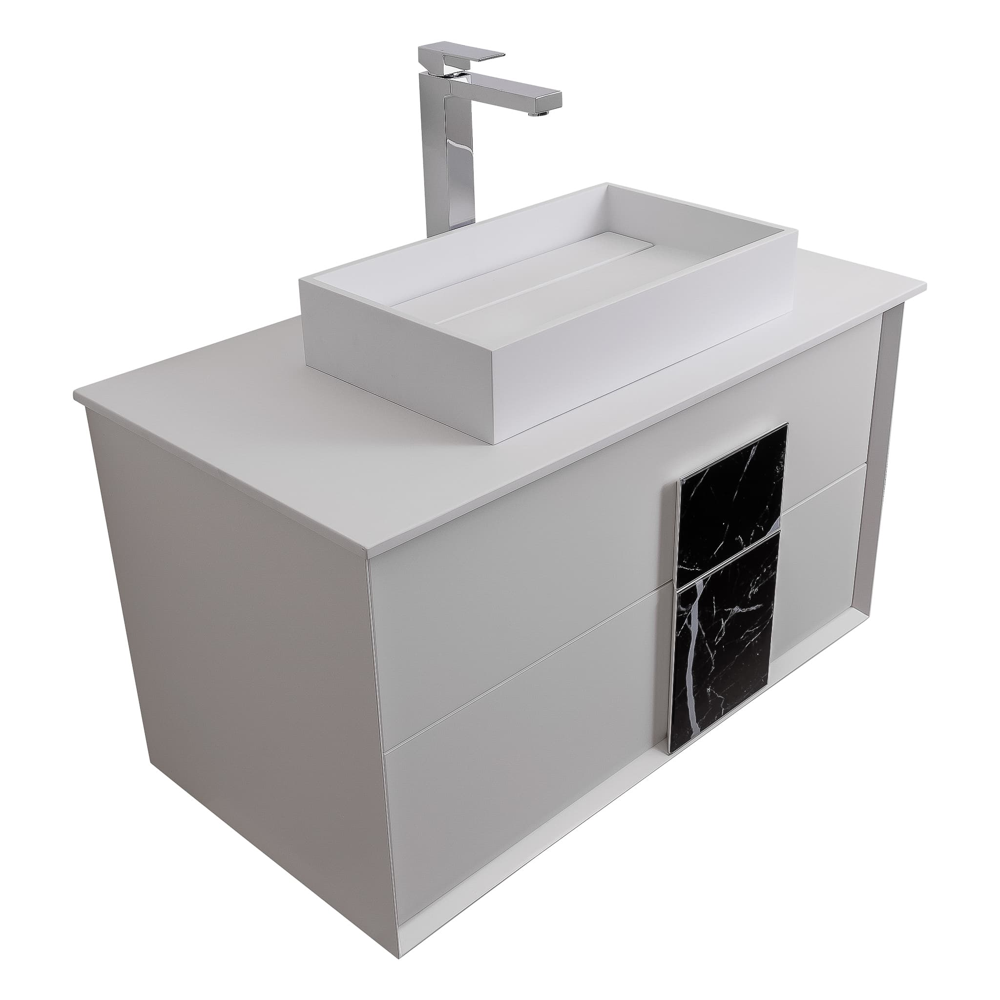 Piazza 31.5 Matte White With Black Marble Handle Cabinet, Solid Surface Flat White Counter and Infinity Square Solid Surface White Basin 1329, Wall Mounted Modern Vanity Set