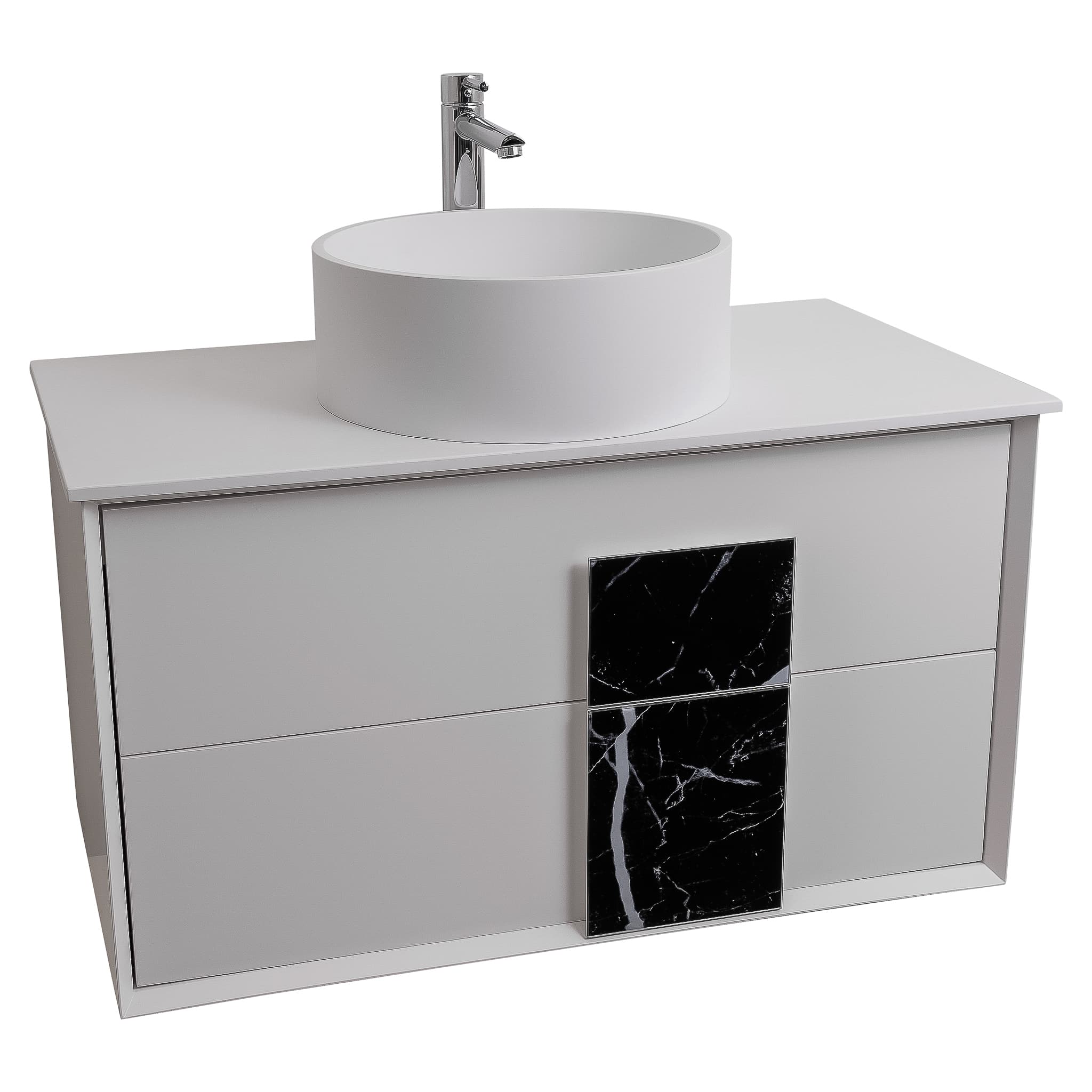 Piazza 31.5 Matte White With Black Marble Handle Cabinet, Solid Surface Flat White Counter and Round Solid Surface White Basin 1386, Wall Mounted Modern Vanity Set