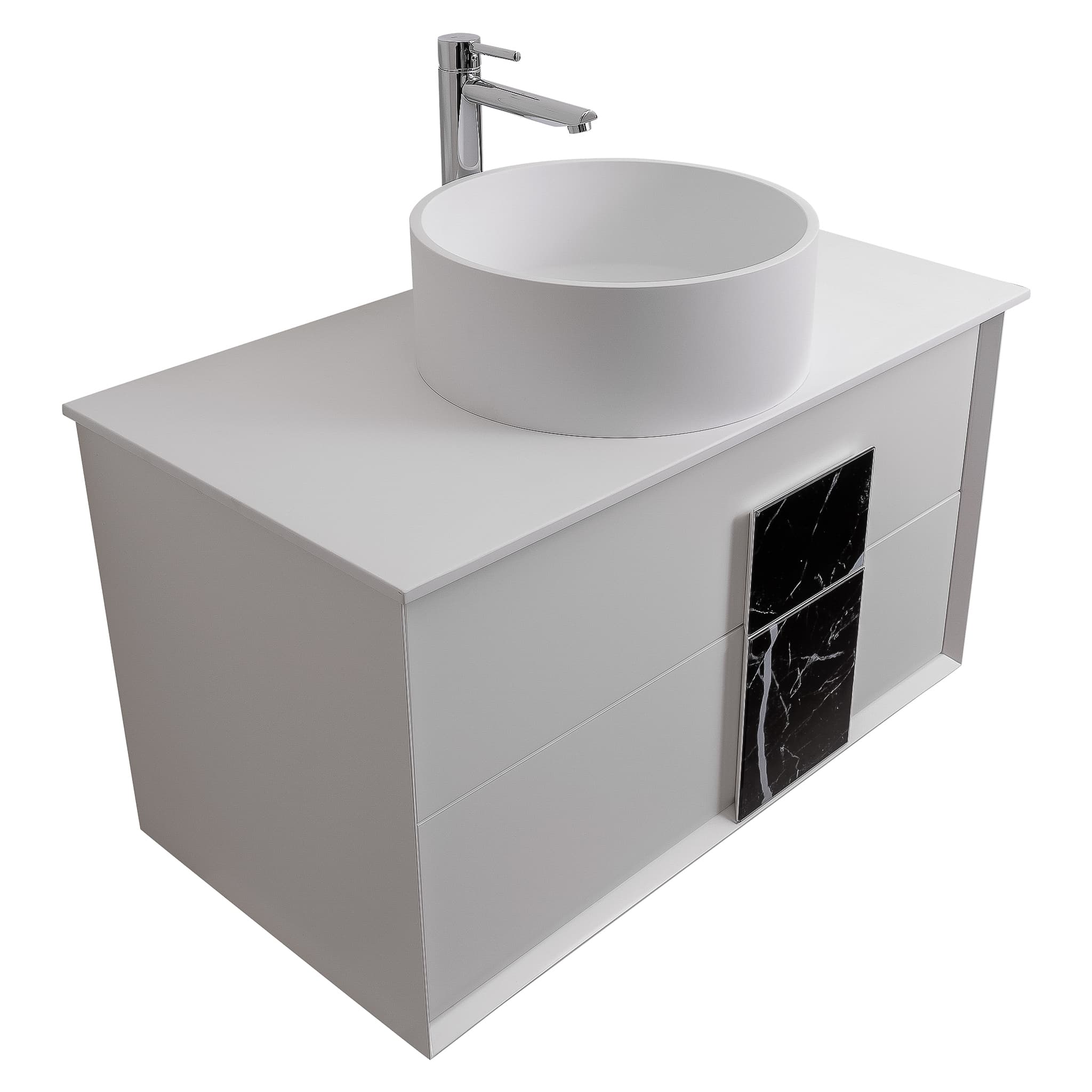Piazza 31.5 Matte White With Black Marble Handle Cabinet, Solid Surface Flat White Counter and Round Solid Surface White Basin 1386, Wall Mounted Modern Vanity Set