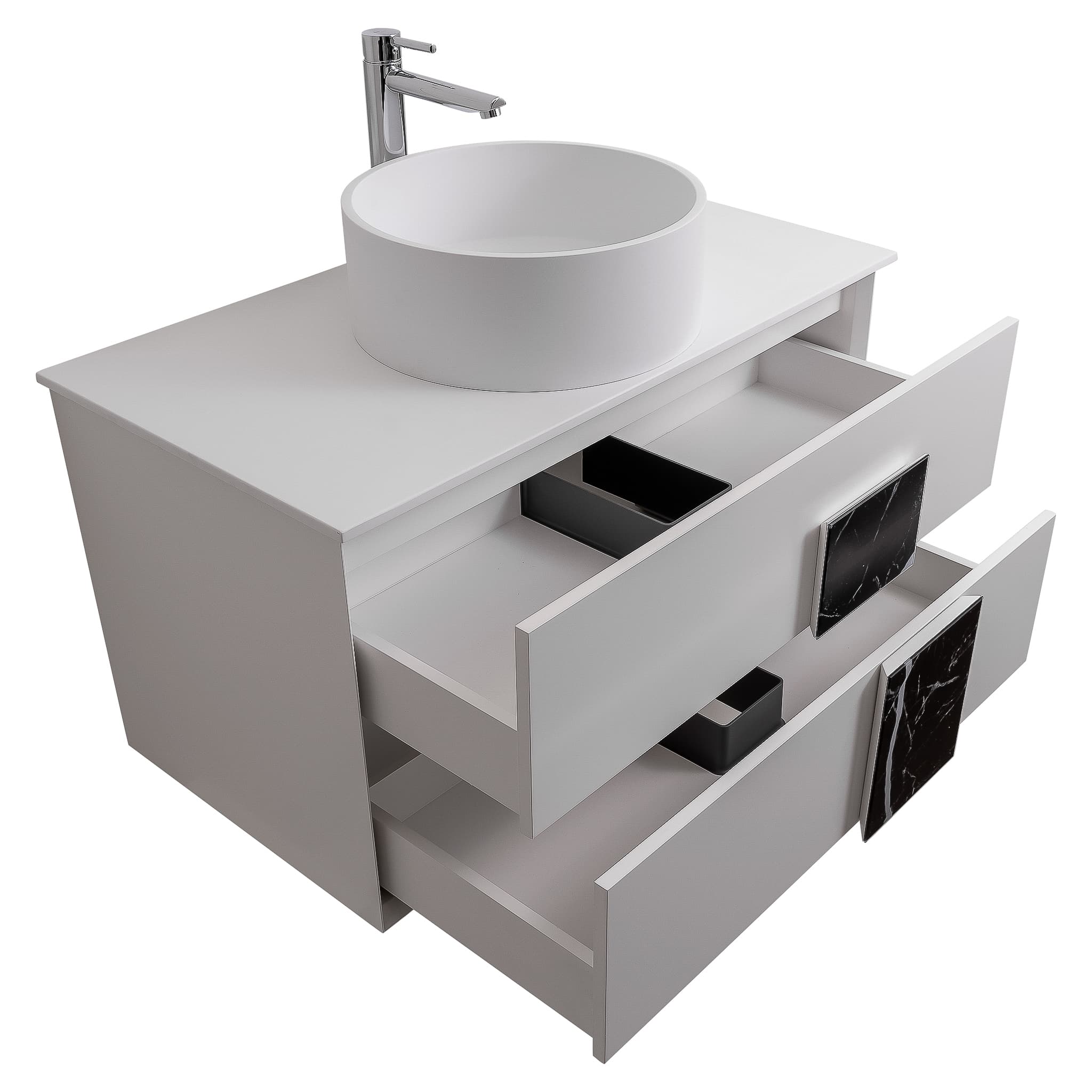 Piazza 31.5 Matte White With Black Marble Handle Cabinet, Solid Surface Flat White Counter and Round Solid Surface White Basin 1386, Wall Mounted Modern Vanity Set