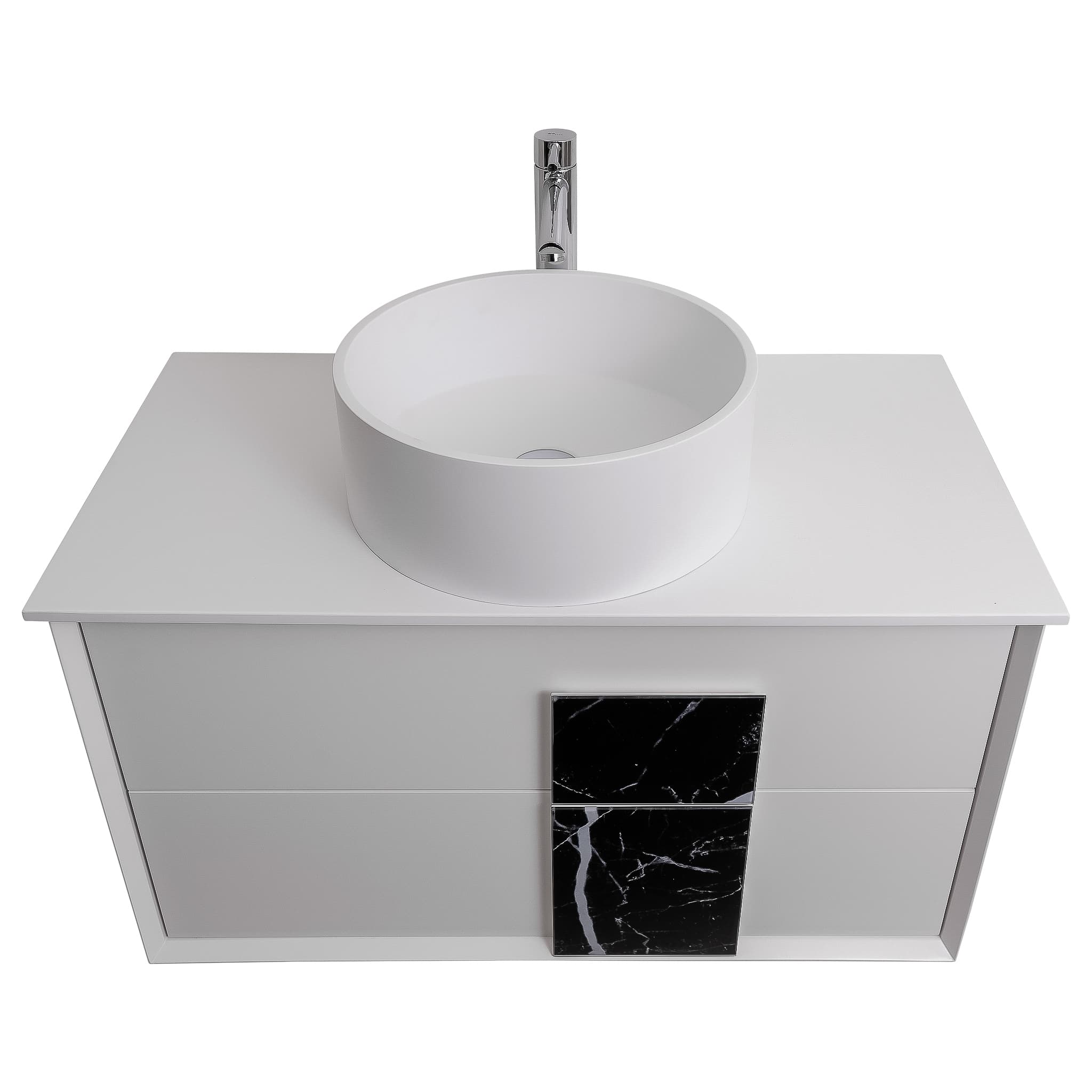 Piazza 31.5 Matte White With Black Marble Handle Cabinet, Solid Surface Flat White Counter and Round Solid Surface White Basin 1386, Wall Mounted Modern Vanity Set