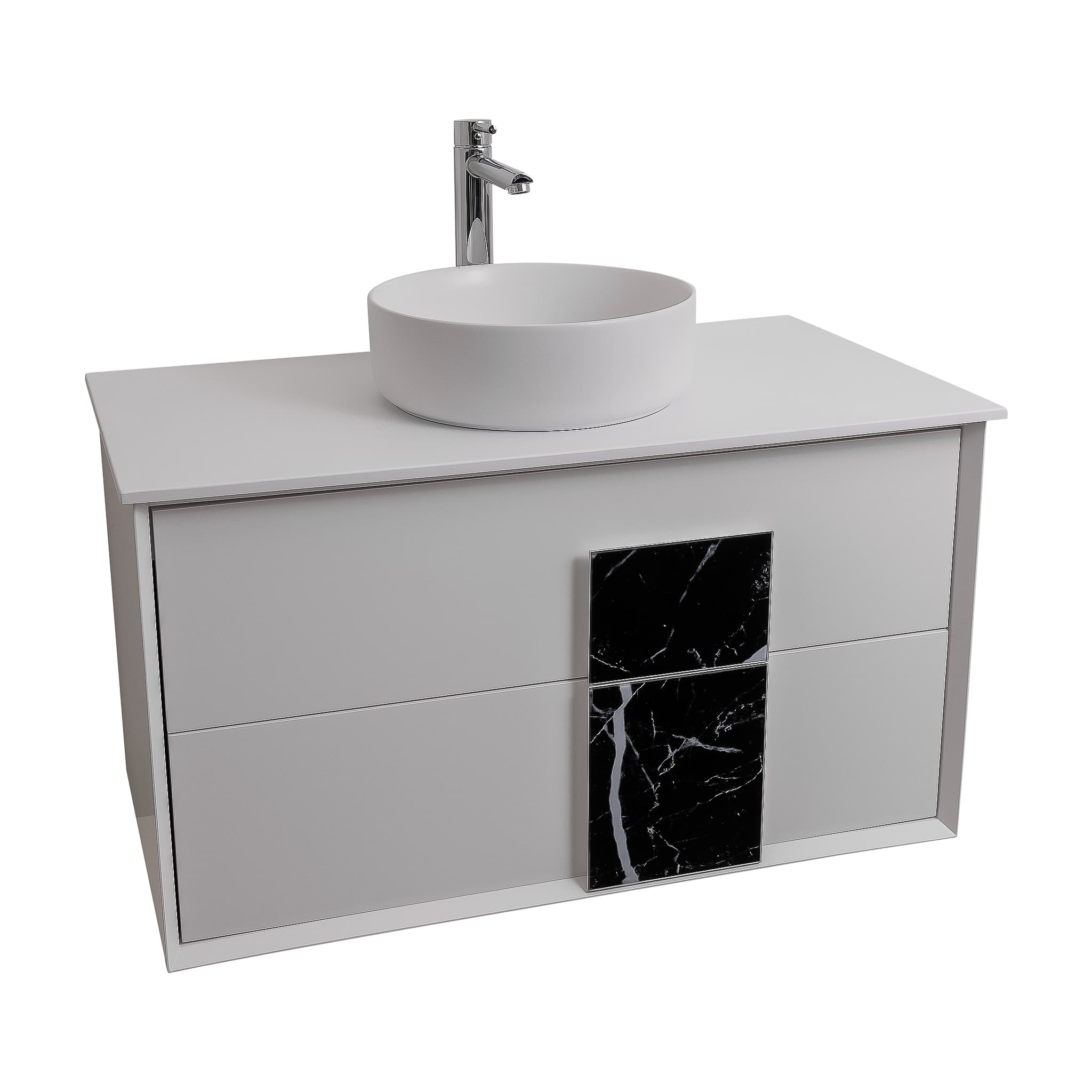Piazza 31.5 Matte White With Black Marble Handle Cabinet, Ares White Top and Ares White Ceramic Basin, Wall Mounted Modern Vanity Set