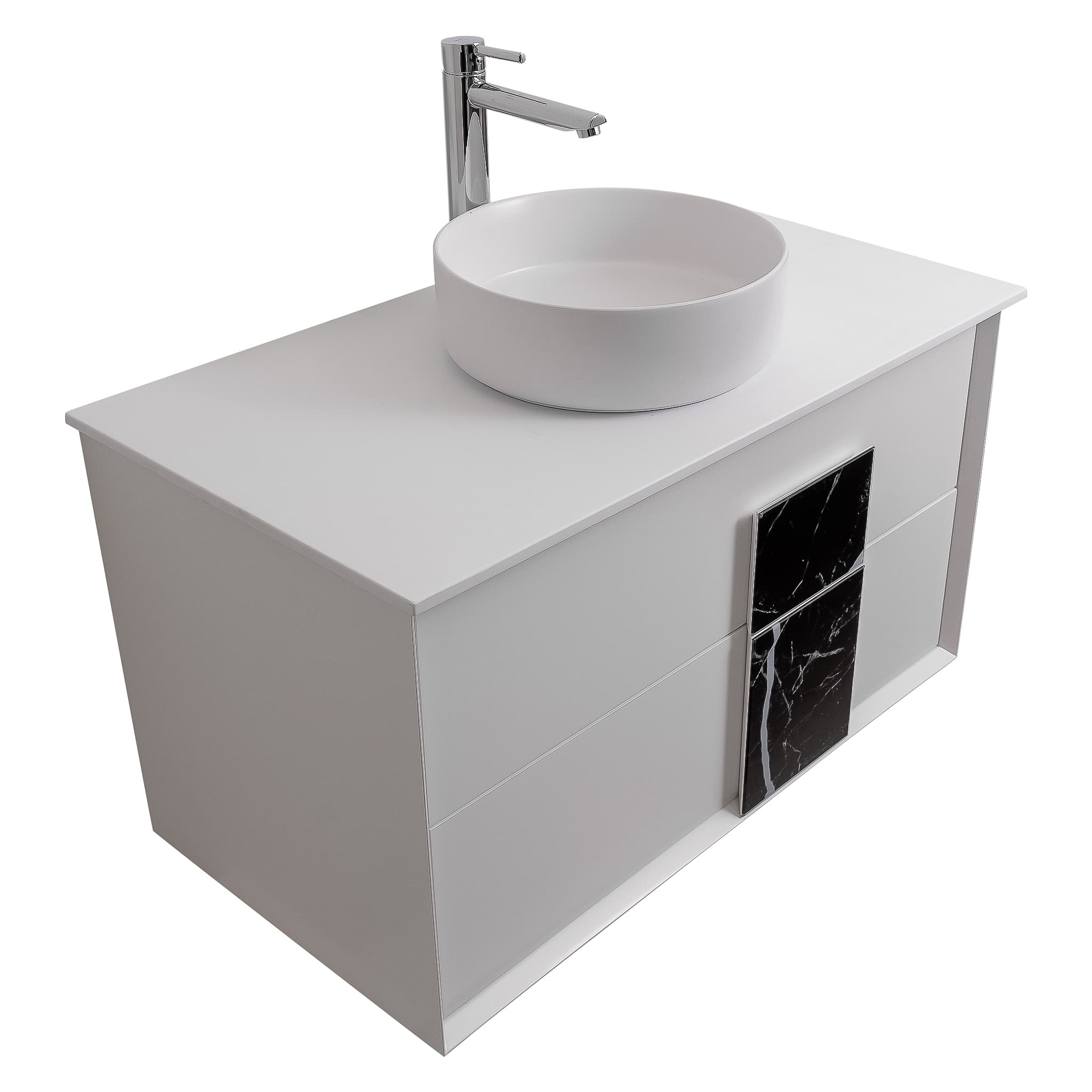Piazza 31.5 Matte White With Black Marble Handle Cabinet, Ares White Top and Ares White Ceramic Basin, Wall Mounted Modern Vanity Set