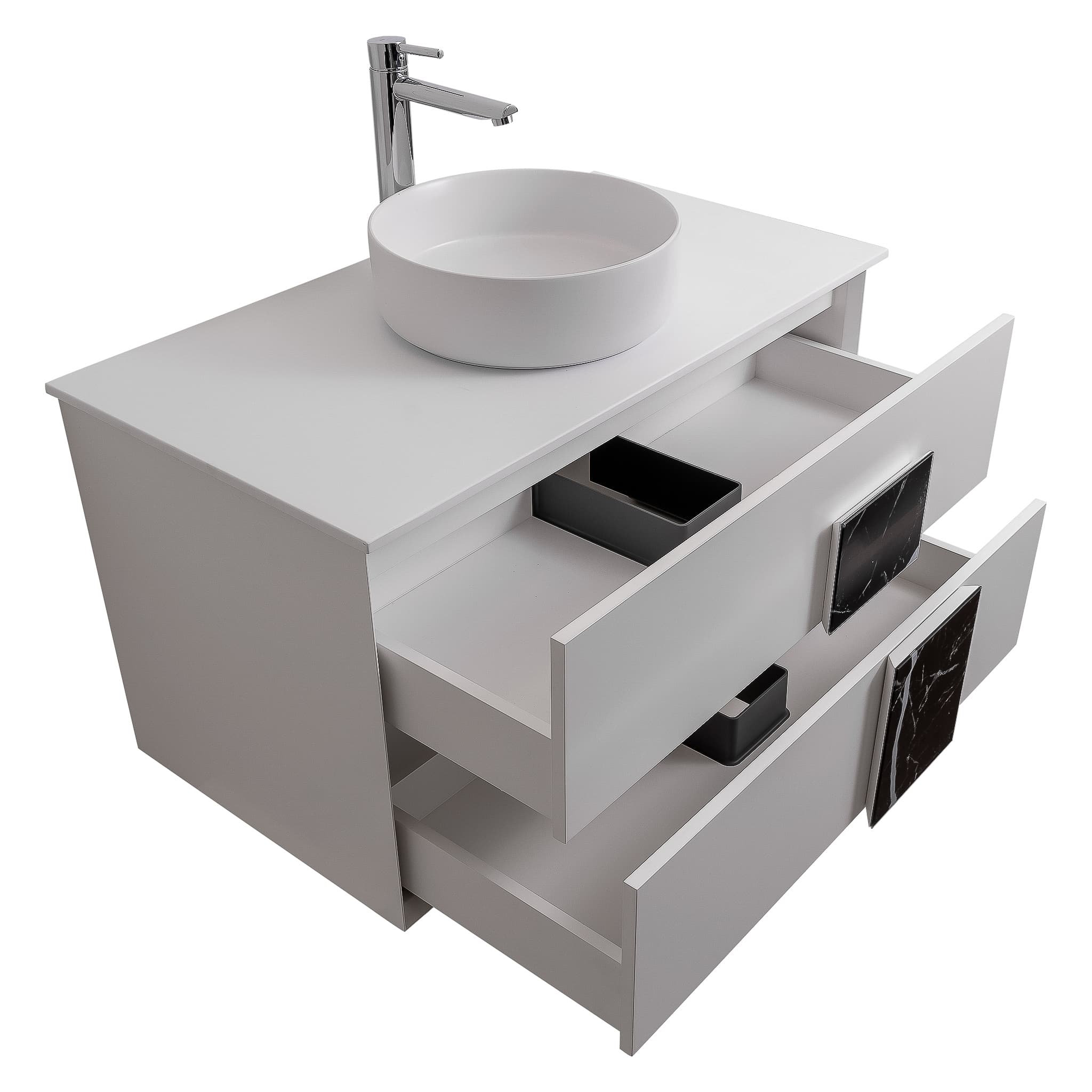 Piazza 31.5 Matte White With Black Marble Handle Cabinet, Ares White Top and Ares White Ceramic Basin, Wall Mounted Modern Vanity Set