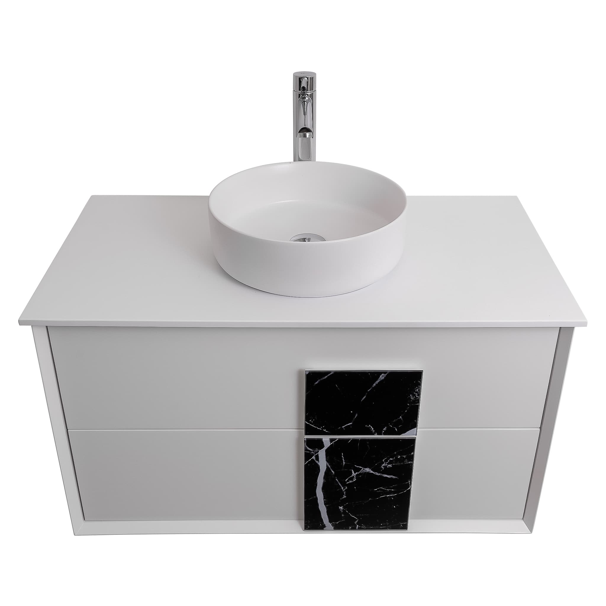 Piazza 31.5 Matte White With Black Marble Handle Cabinet, Ares White Top and Ares White Ceramic Basin, Wall Mounted Modern Vanity Set