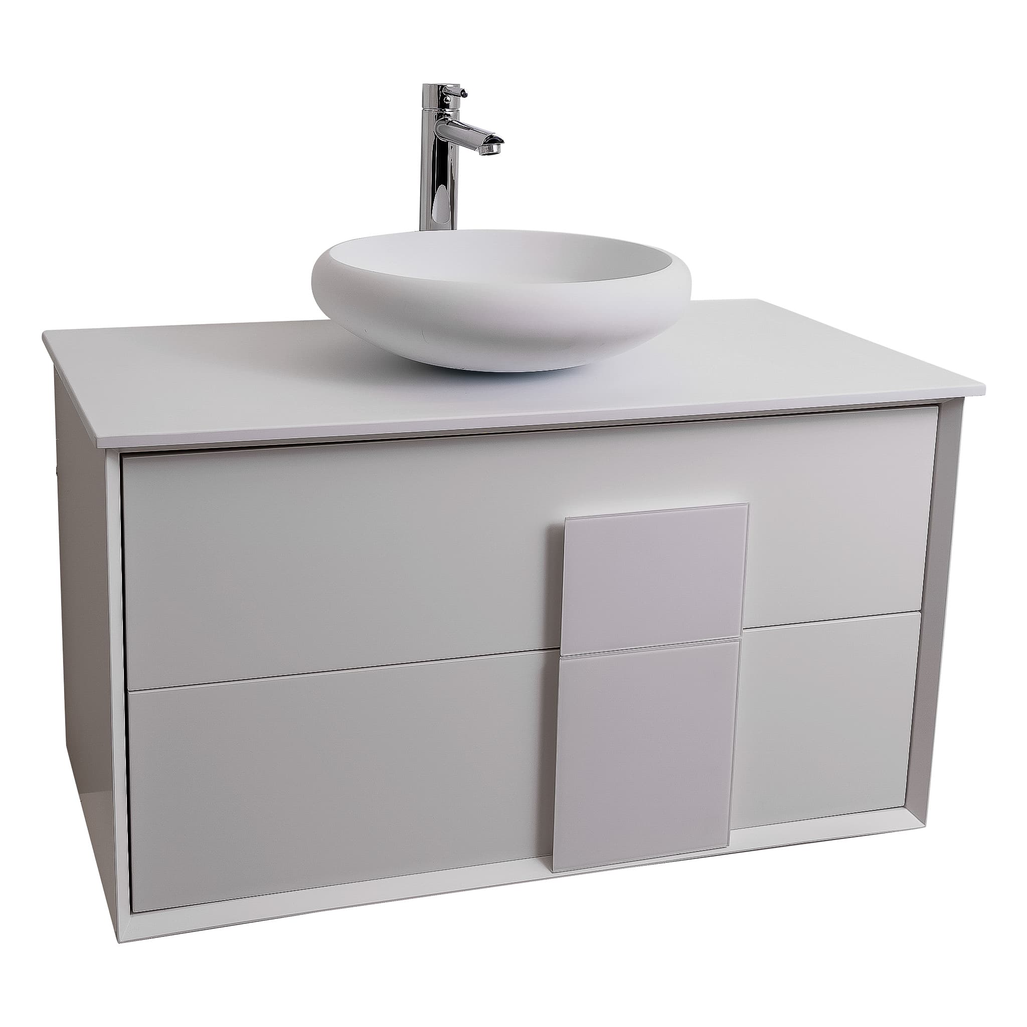 Piazza 31.5 Matte White With White Handle Cabinet, Solid Surface Flat White Counter and Round Solid Surface White Basin 1153, Wall Mounted Modern Vanity Set