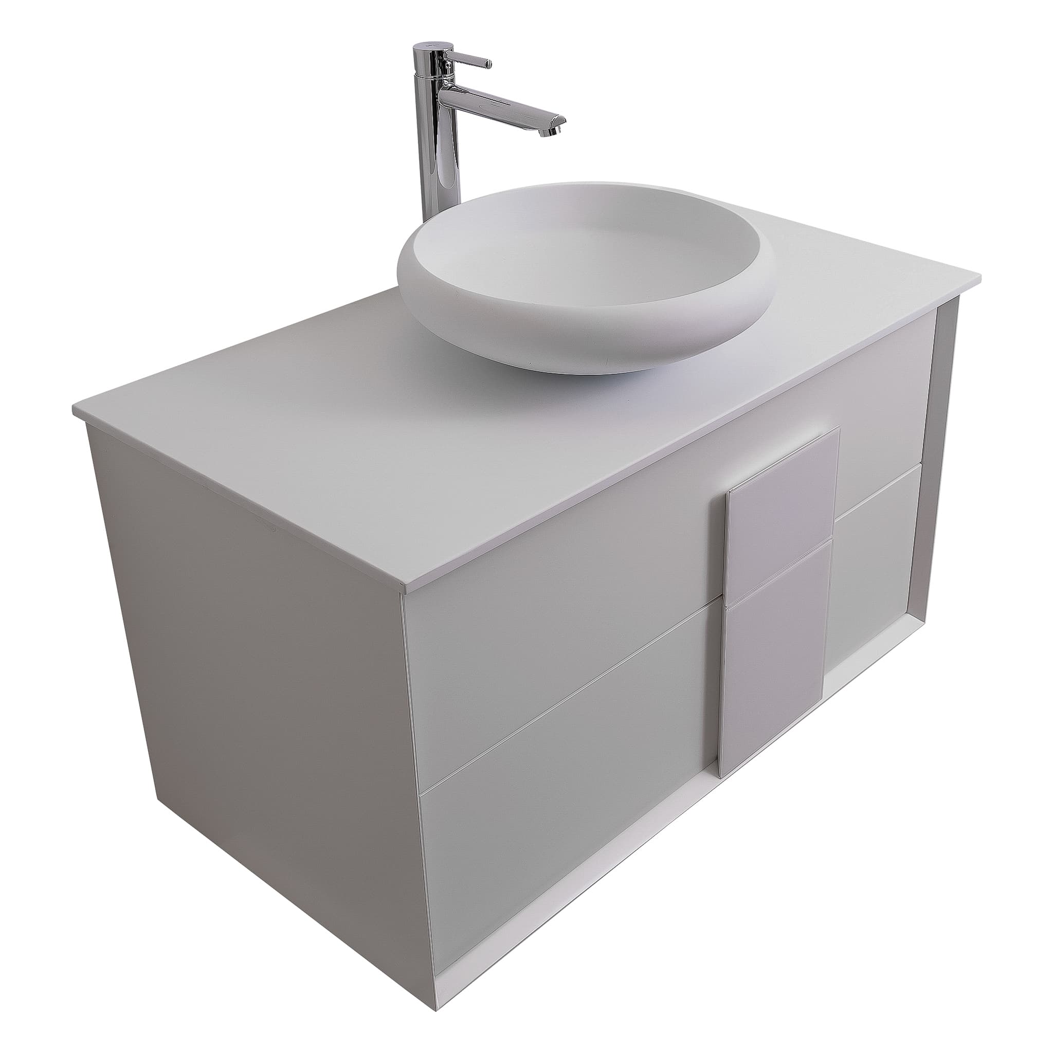 Piazza 31.5 Matte White With White Handle Cabinet, Solid Surface Flat White Counter and Round Solid Surface White Basin 1153, Wall Mounted Modern Vanity Set