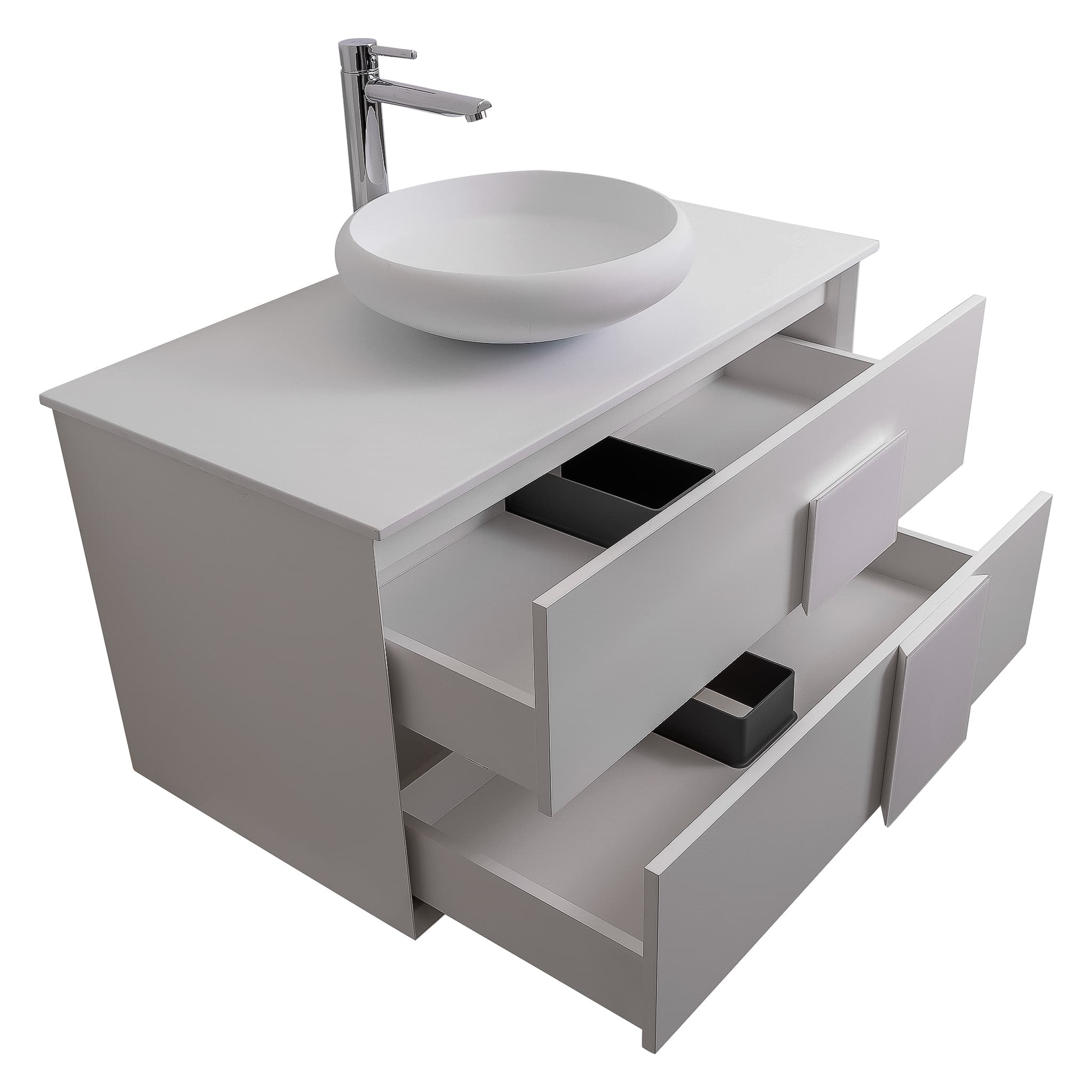 Piazza 31.5 Matte White With White Handle Cabinet, Solid Surface Flat White Counter and Round Solid Surface White Basin 1153, Wall Mounted Modern Vanity Set