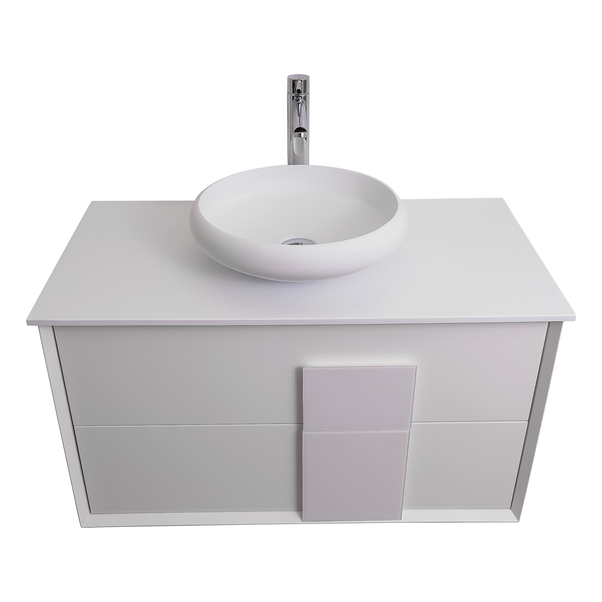 Piazza 31.5 Matte White With White Handle Cabinet, Solid Surface Flat White Counter and Round Solid Surface White Basin 1153, Wall Mounted Modern Vanity Set