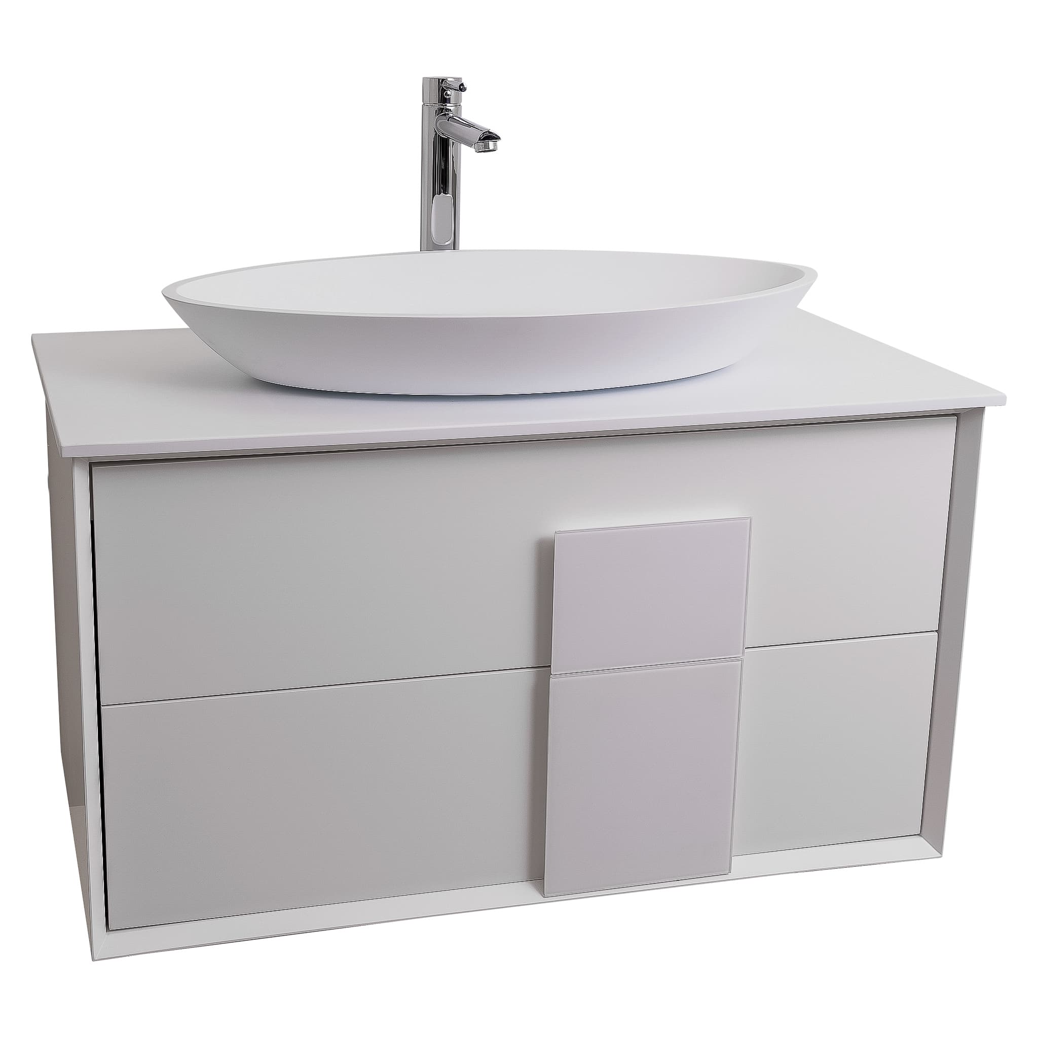 Piazza 31.5 Matte White With White Handle Cabinet, Solid Surface Flat White Counter and Oval Solid Surface White Basin 1305, Wall Mounted Modern Vanity Set