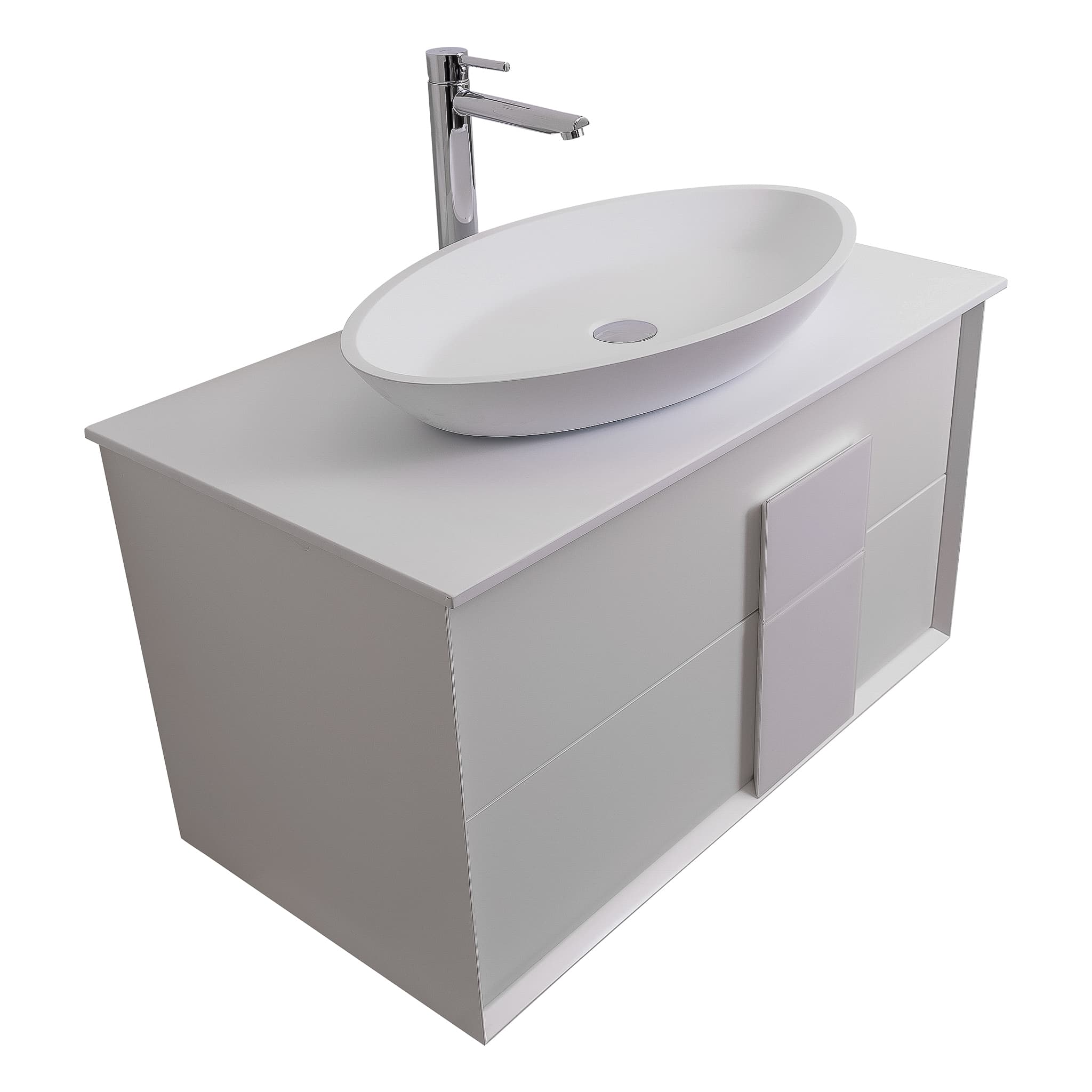Piazza 31.5 Matte White With White Handle Cabinet, Solid Surface Flat White Counter and Oval Solid Surface White Basin 1305, Wall Mounted Modern Vanity Set