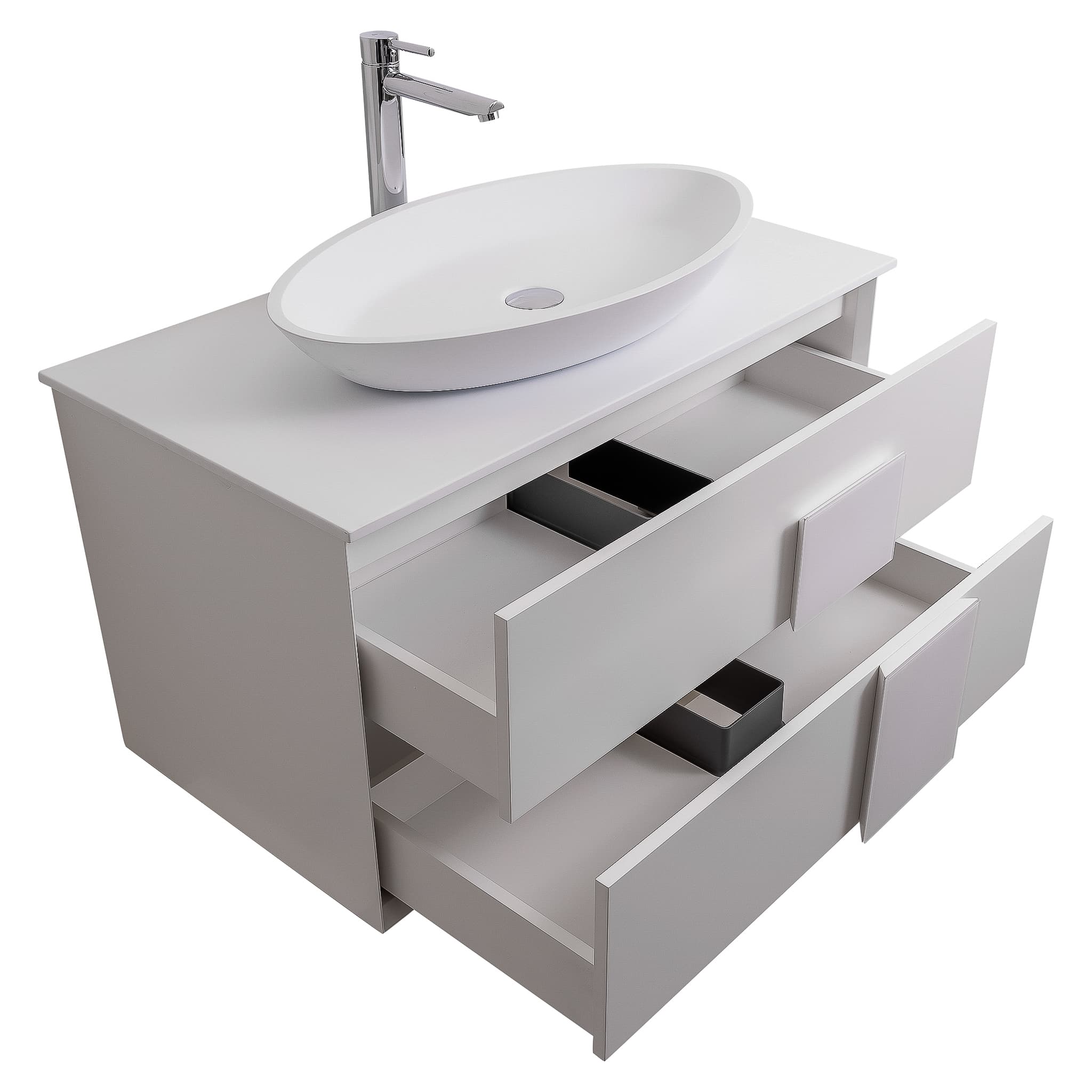 Piazza 31.5 Matte White With White Handle Cabinet, Solid Surface Flat White Counter and Oval Solid Surface White Basin 1305, Wall Mounted Modern Vanity Set