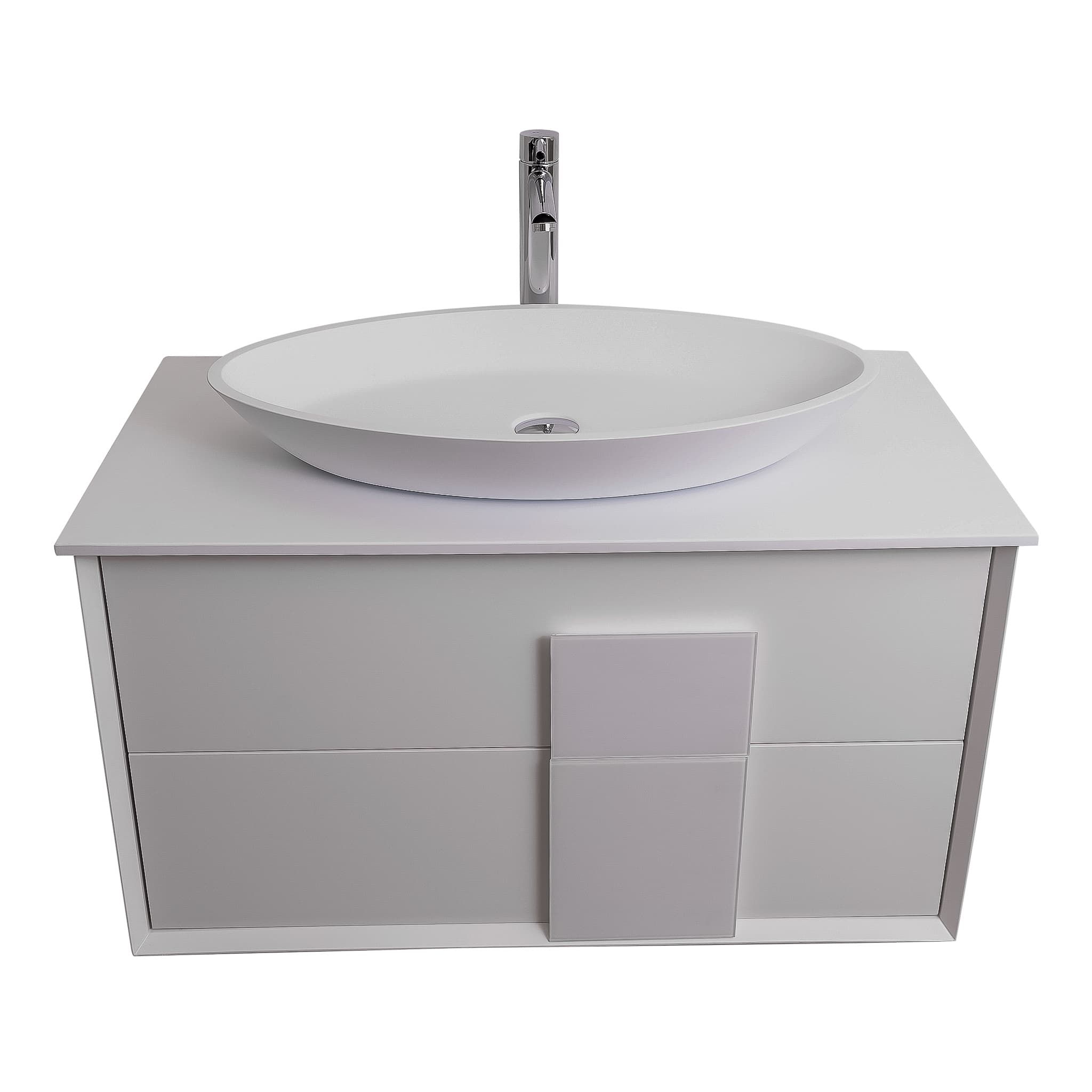 Piazza 31.5 Matte White With White Handle Cabinet, Solid Surface Flat White Counter and Oval Solid Surface White Basin 1305, Wall Mounted Modern Vanity Set