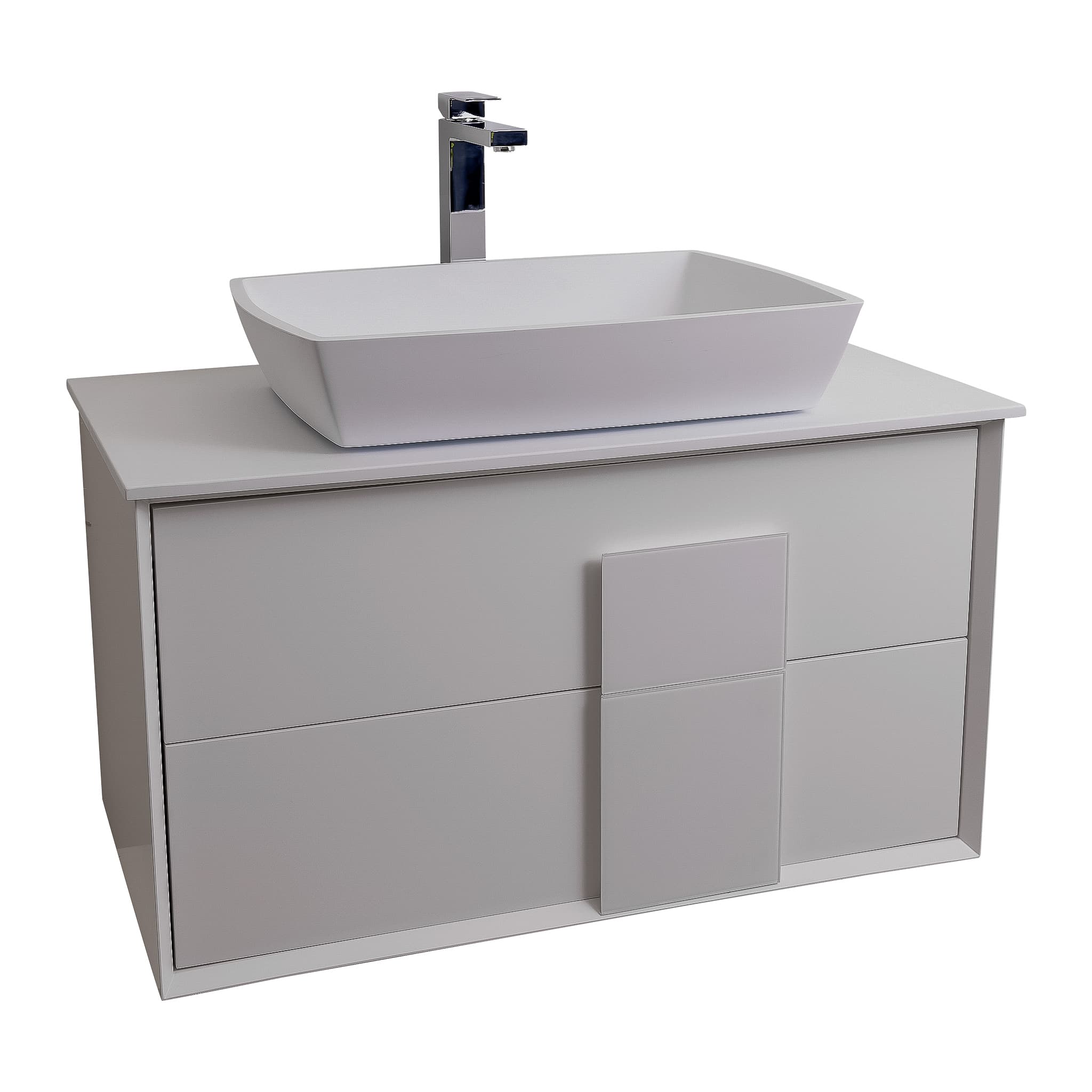 Piazza 31.5 Matte White With White Handle Cabinet, Solid Surface Flat White Counter and Square Solid Surface White Basin 1316, Wall Mounted Modern Vanity Set