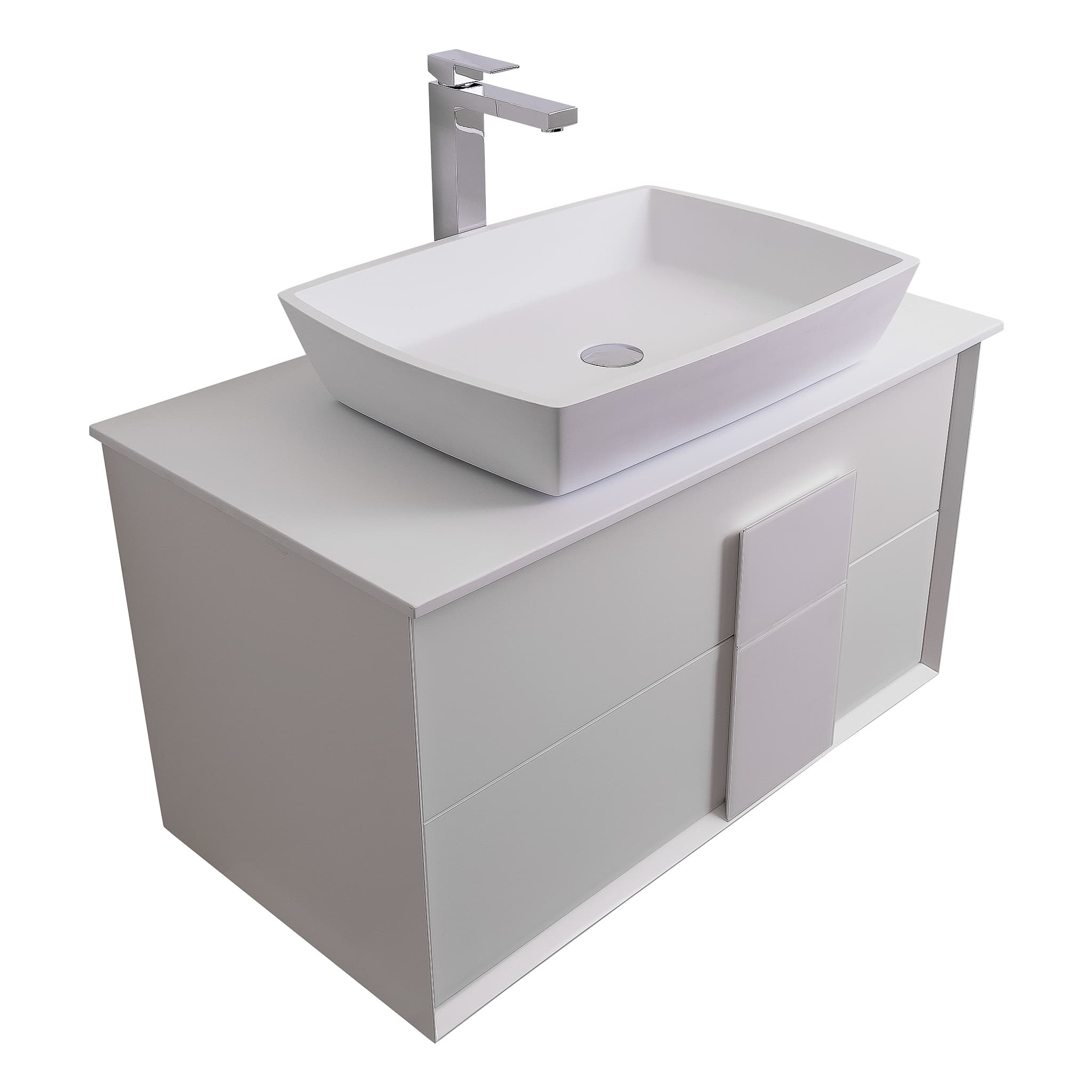 Piazza 31.5 Matte White With White Handle Cabinet, Solid Surface Flat White Counter and Square Solid Surface White Basin 1316, Wall Mounted Modern Vanity Set