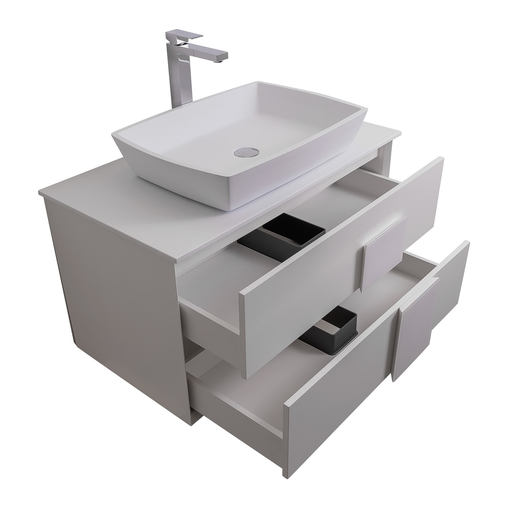 Piazza 31.5 Matte White With White Handle Cabinet, Solid Surface Flat White Counter and Square Solid Surface White Basin 1316, Wall Mounted Modern Vanity Set