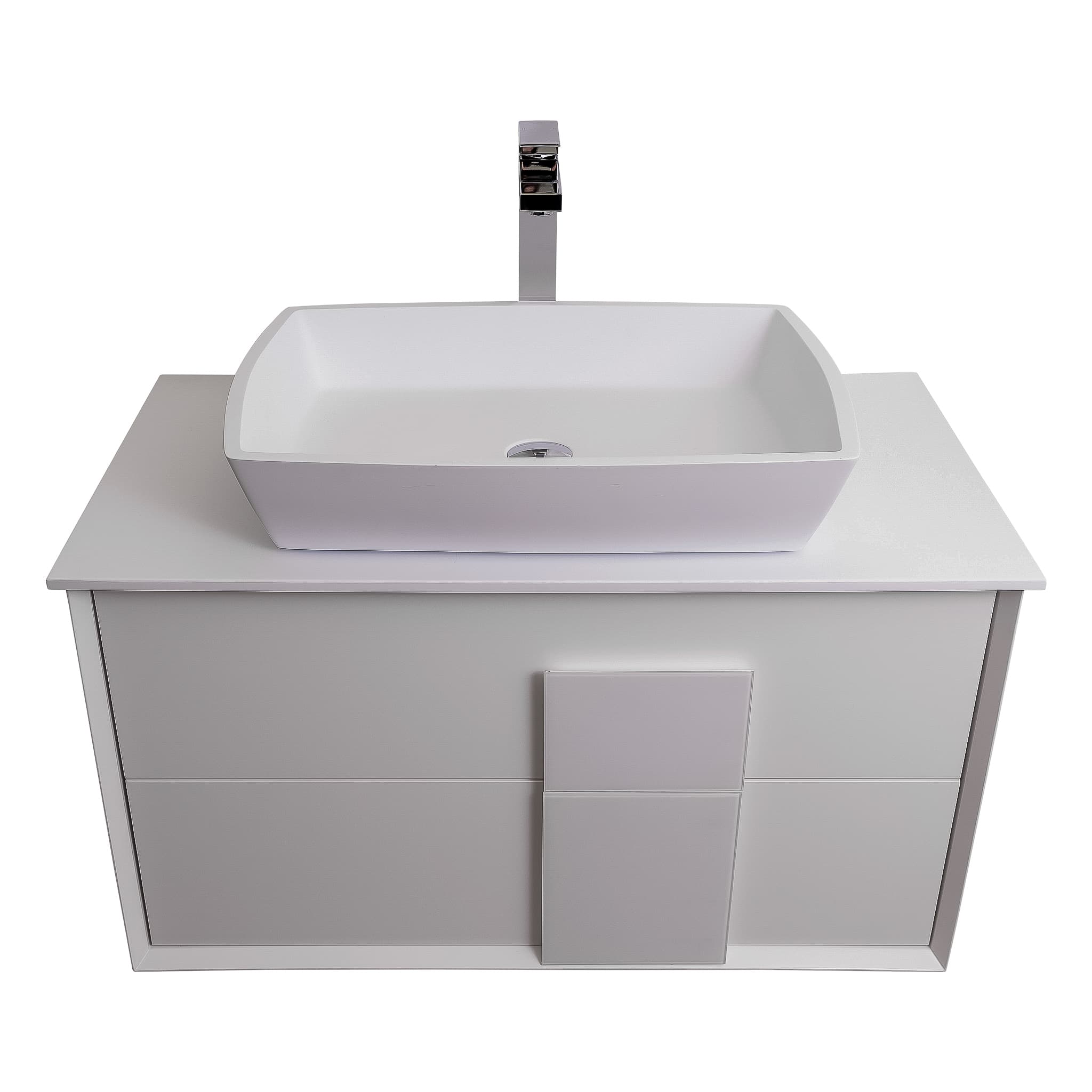 Piazza 31.5 Matte White With White Handle Cabinet, Solid Surface Flat White Counter and Square Solid Surface White Basin 1316, Wall Mounted Modern Vanity Set