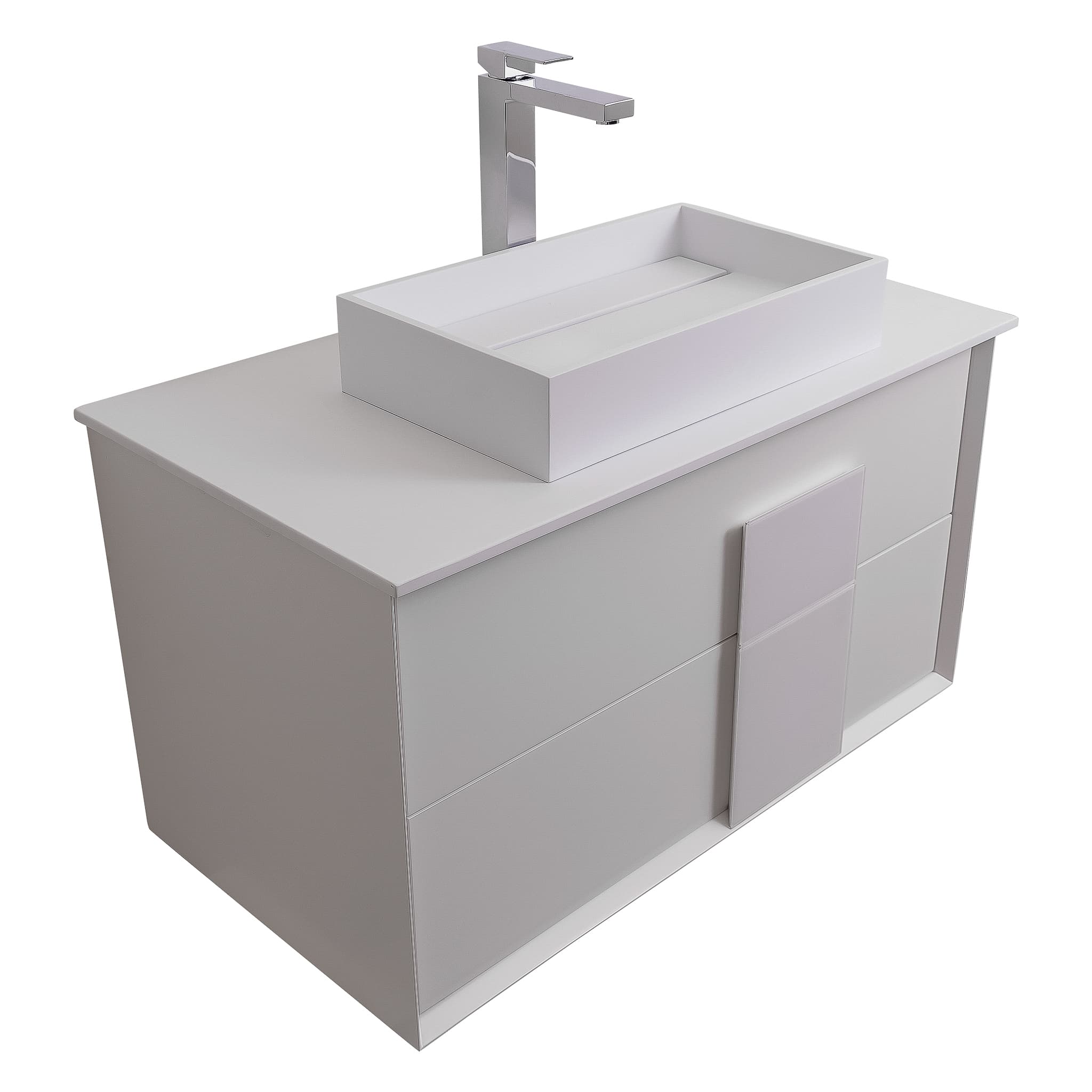 Piazza 31.5 Matte White With White Handle Cabinet, Solid Surface Flat White Counter and Infinity Square Solid Surface White Basin 1329, Wall Mounted Modern Vanity Set