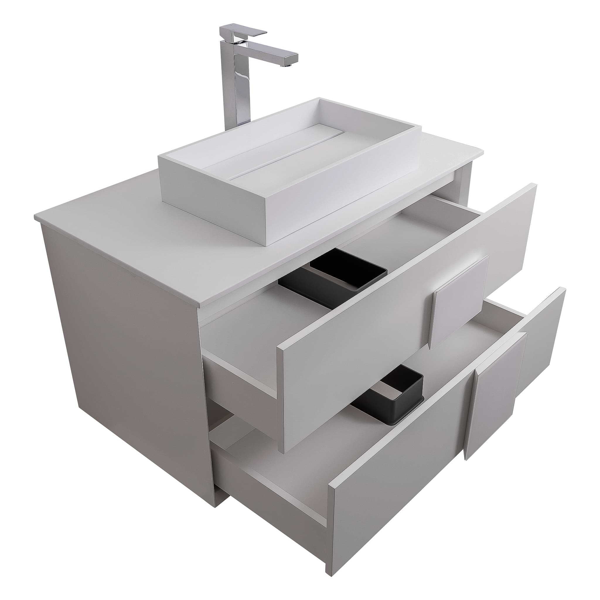 Piazza 31.5 Matte White With White Handle Cabinet, Solid Surface Flat White Counter and Infinity Square Solid Surface White Basin 1329, Wall Mounted Modern Vanity Set