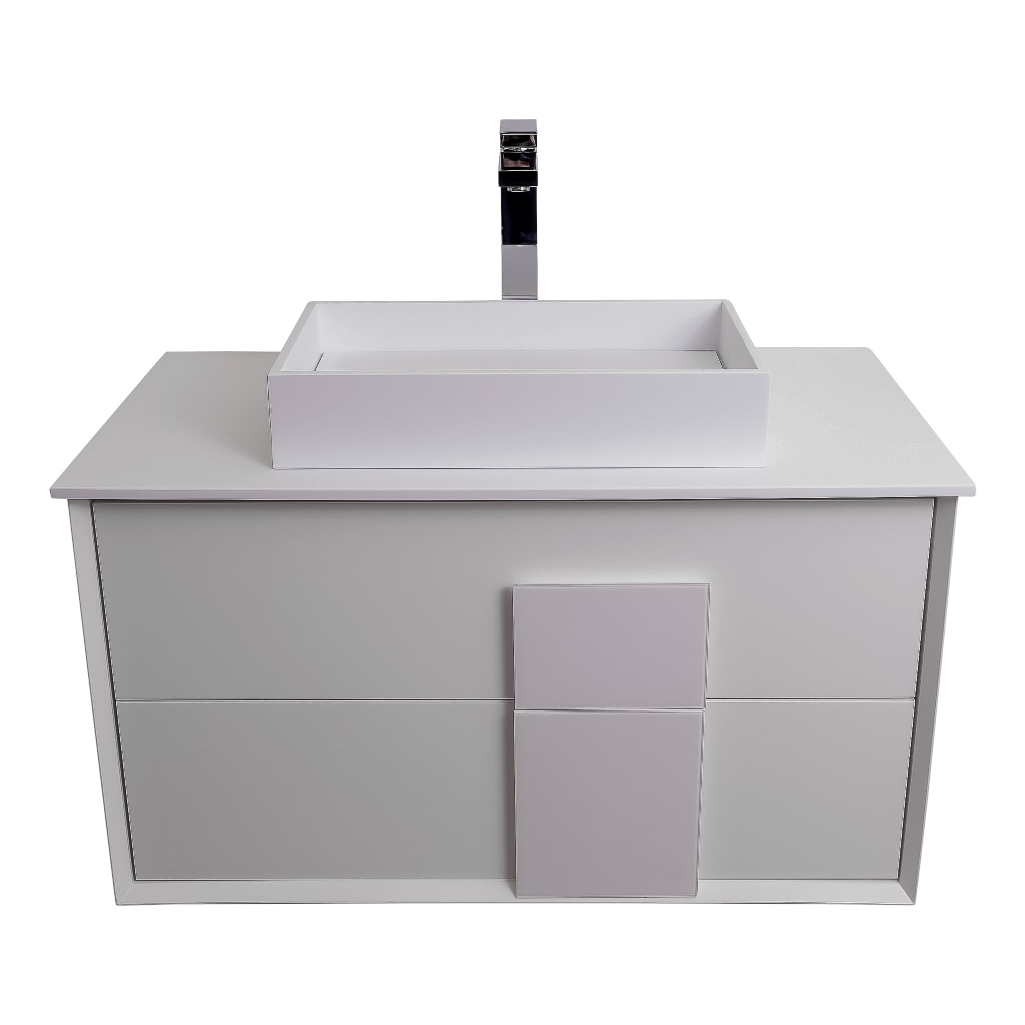 Piazza 31.5 Matte White With White Handle Cabinet, Solid Surface Flat White Counter and Infinity Square Solid Surface White Basin 1329, Wall Mounted Modern Vanity Set