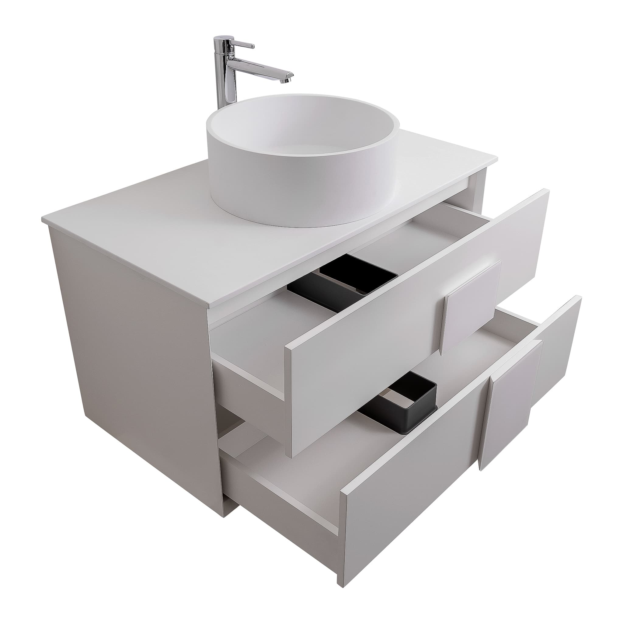 Piazza 31.5 Matte White With White Handle Cabinet, Solid Surface Flat White Counter and Round Solid Surface White Basin 1386, Wall Mounted Modern Vanity Set