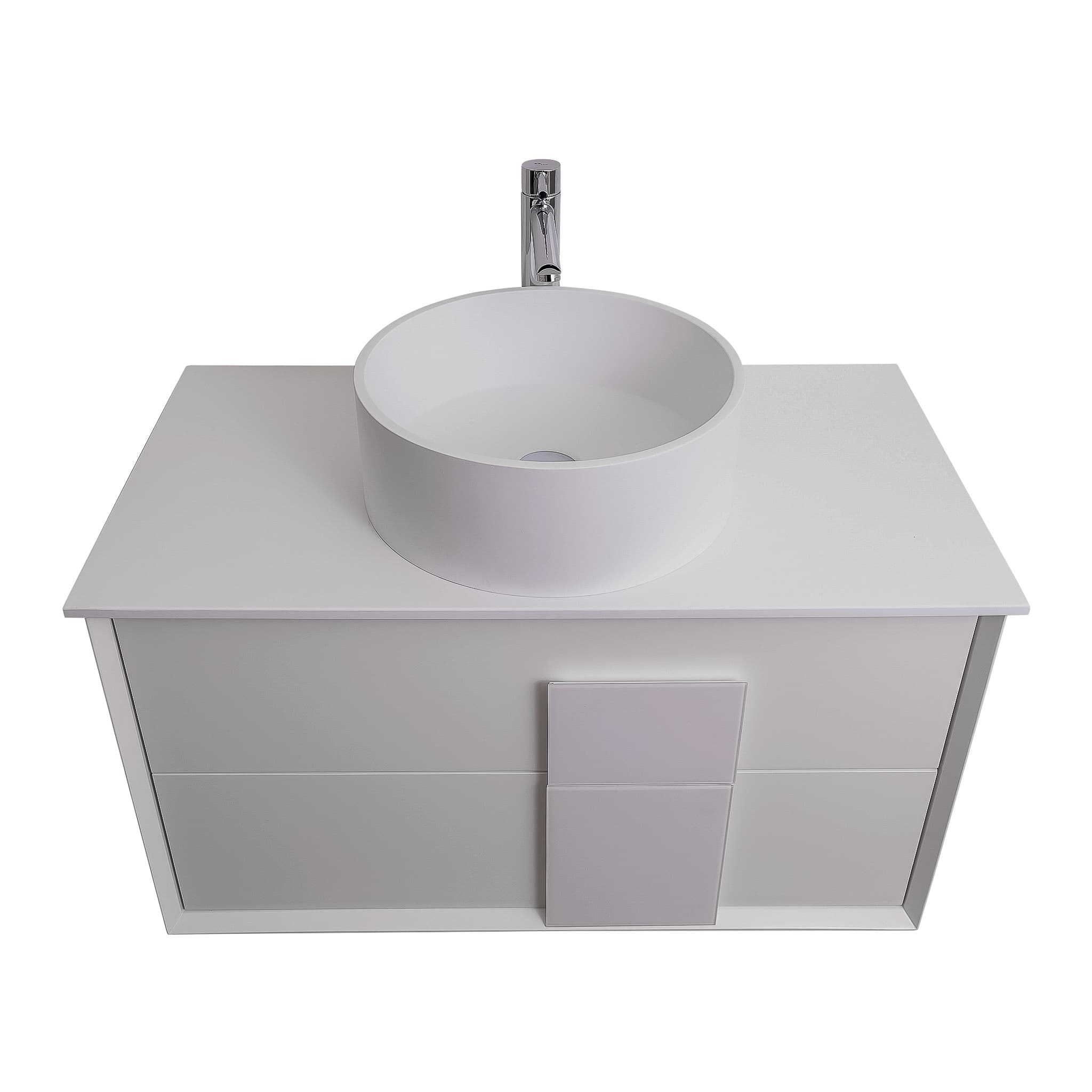 Piazza 31.5 Matte White With White Handle Cabinet, Solid Surface Flat White Counter and Round Solid Surface White Basin 1386, Wall Mounted Modern Vanity Set