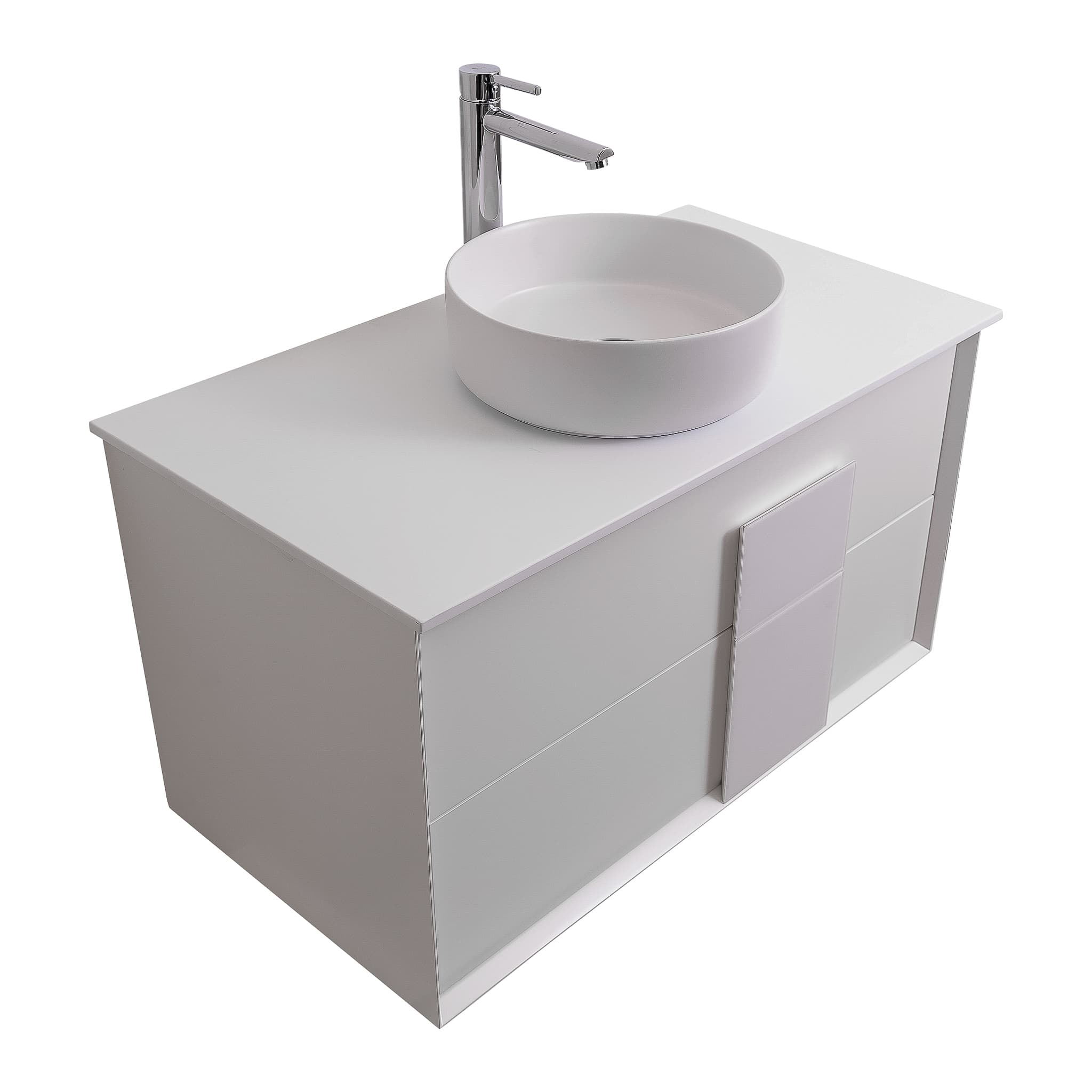 Piazza 31.5 Matte White With White Handle Cabinet, Ares White Top and Ares White Ceramic Basin, Wall Mounted Modern Vanity Set