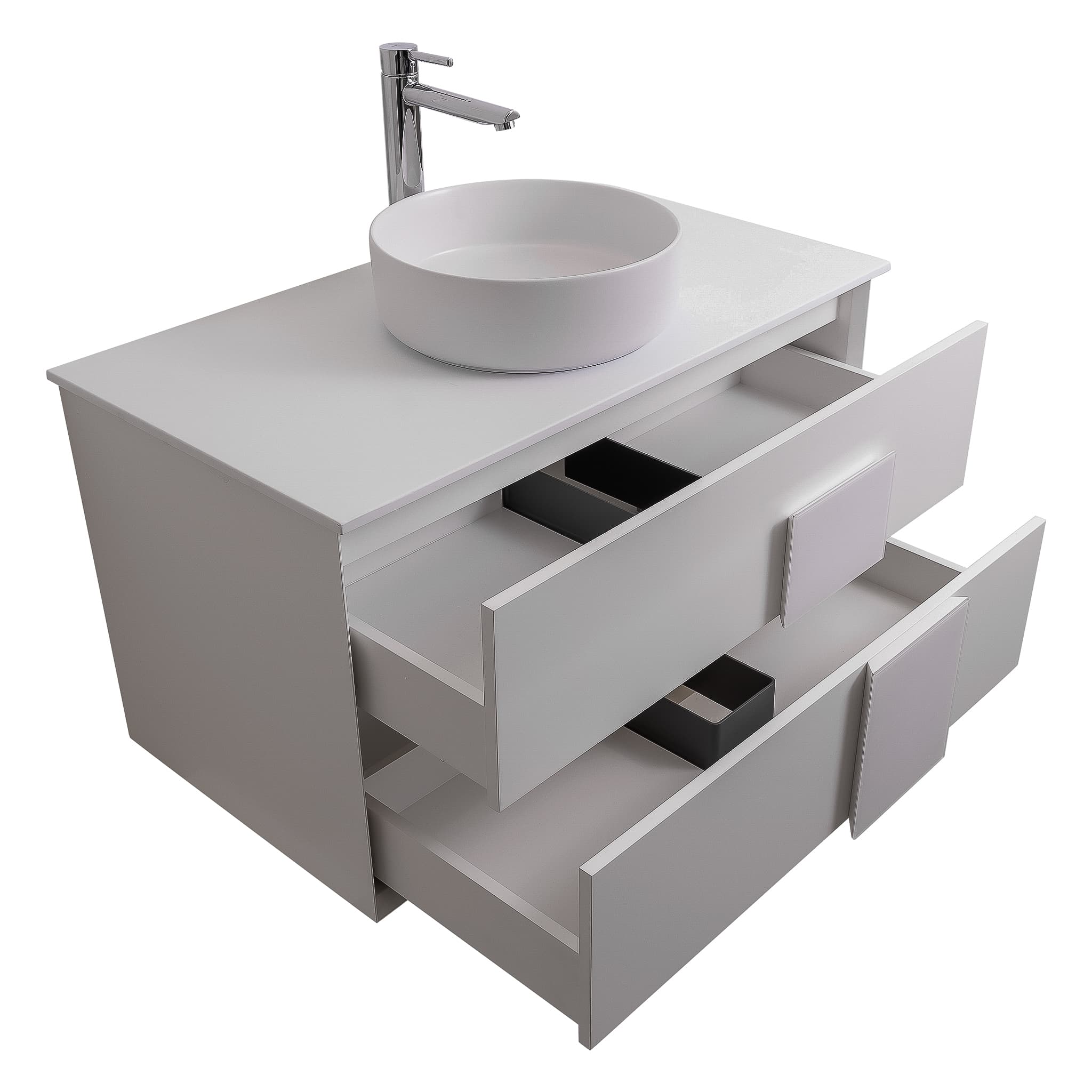 Piazza 31.5 Matte White With White Handle Cabinet, Ares White Top and Ares White Ceramic Basin, Wall Mounted Modern Vanity Set