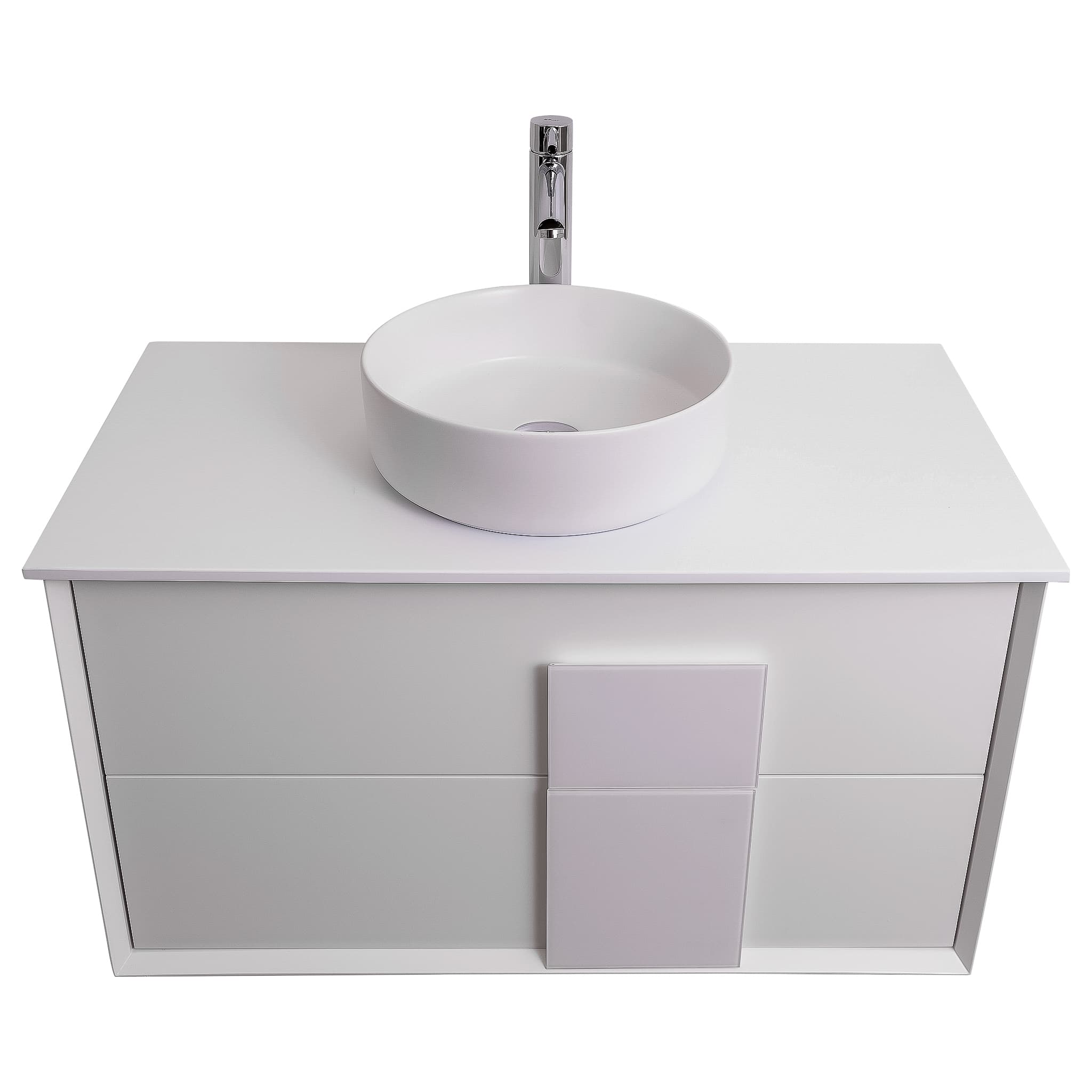 Piazza 31.5 Matte White With White Handle Cabinet, Ares White Top and Ares White Ceramic Basin, Wall Mounted Modern Vanity Set