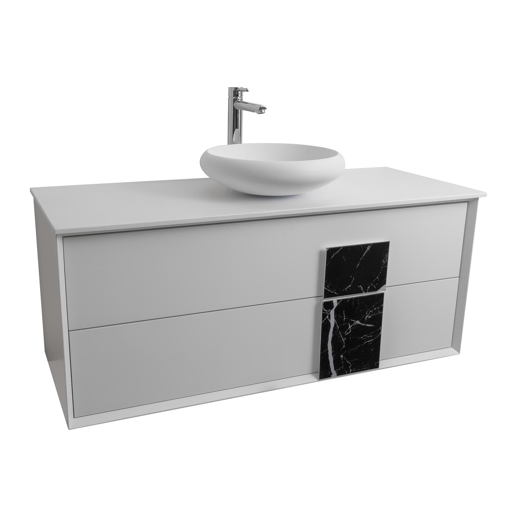 Piazza 47.5 Matte White With Black Marble Handle Cabinet, Solid Surface Flat White Counter and Round Solid Surface White Basin 1153, Wall Mounted Modern Vanity Set