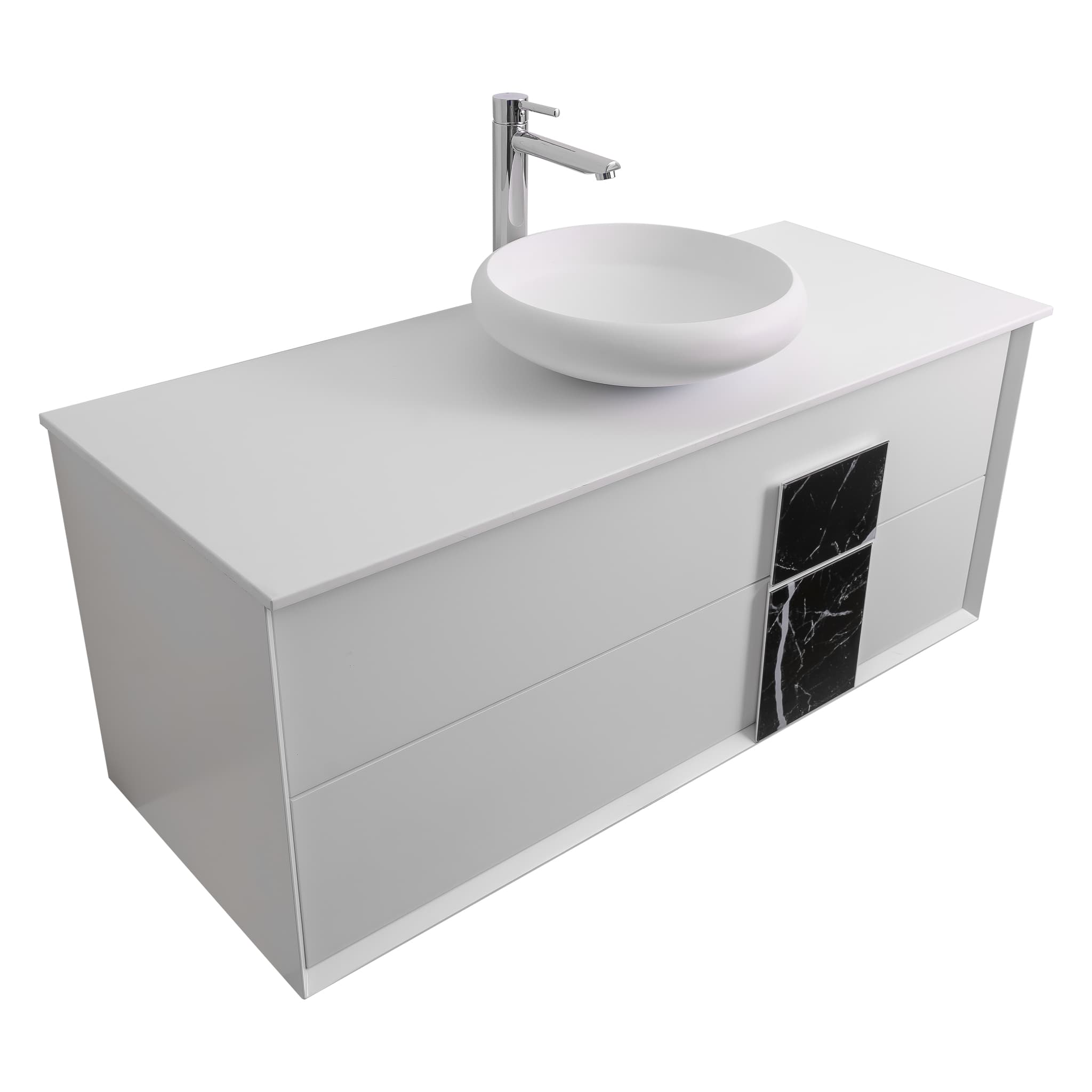 Piazza 47.5 Matte White With Black Marble Handle Cabinet, Solid Surface Flat White Counter and Round Solid Surface White Basin 1153, Wall Mounted Modern Vanity Set