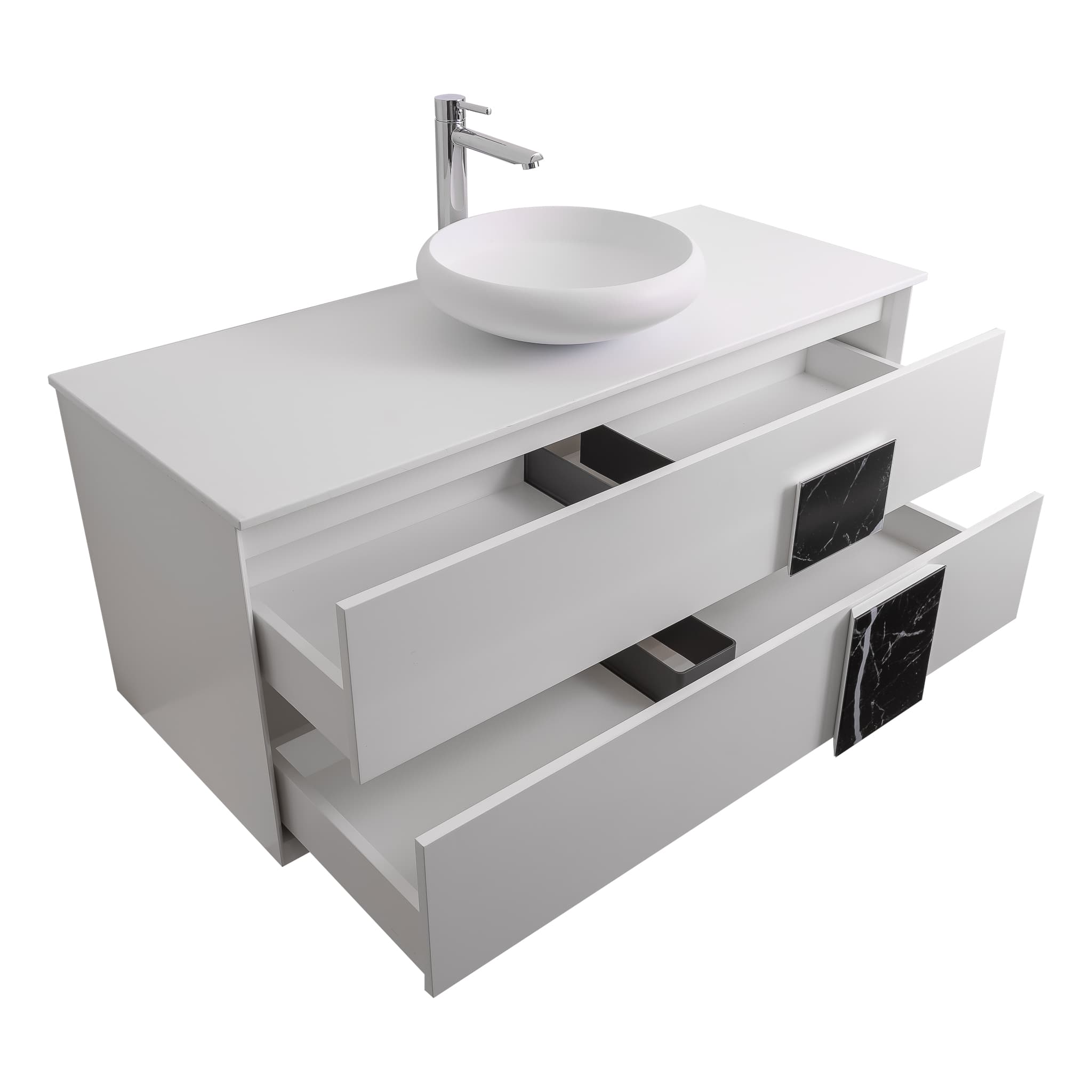 Piazza 47.5 Matte White With Black Marble Handle Cabinet, Solid Surface Flat White Counter and Round Solid Surface White Basin 1153, Wall Mounted Modern Vanity Set