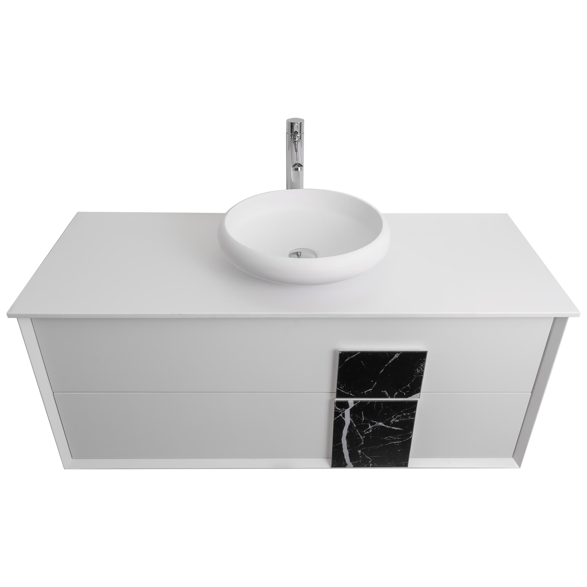 Piazza 47.5 Matte White With Black Marble Handle Cabinet, Solid Surface Flat White Counter and Round Solid Surface White Basin 1153, Wall Mounted Modern Vanity Set