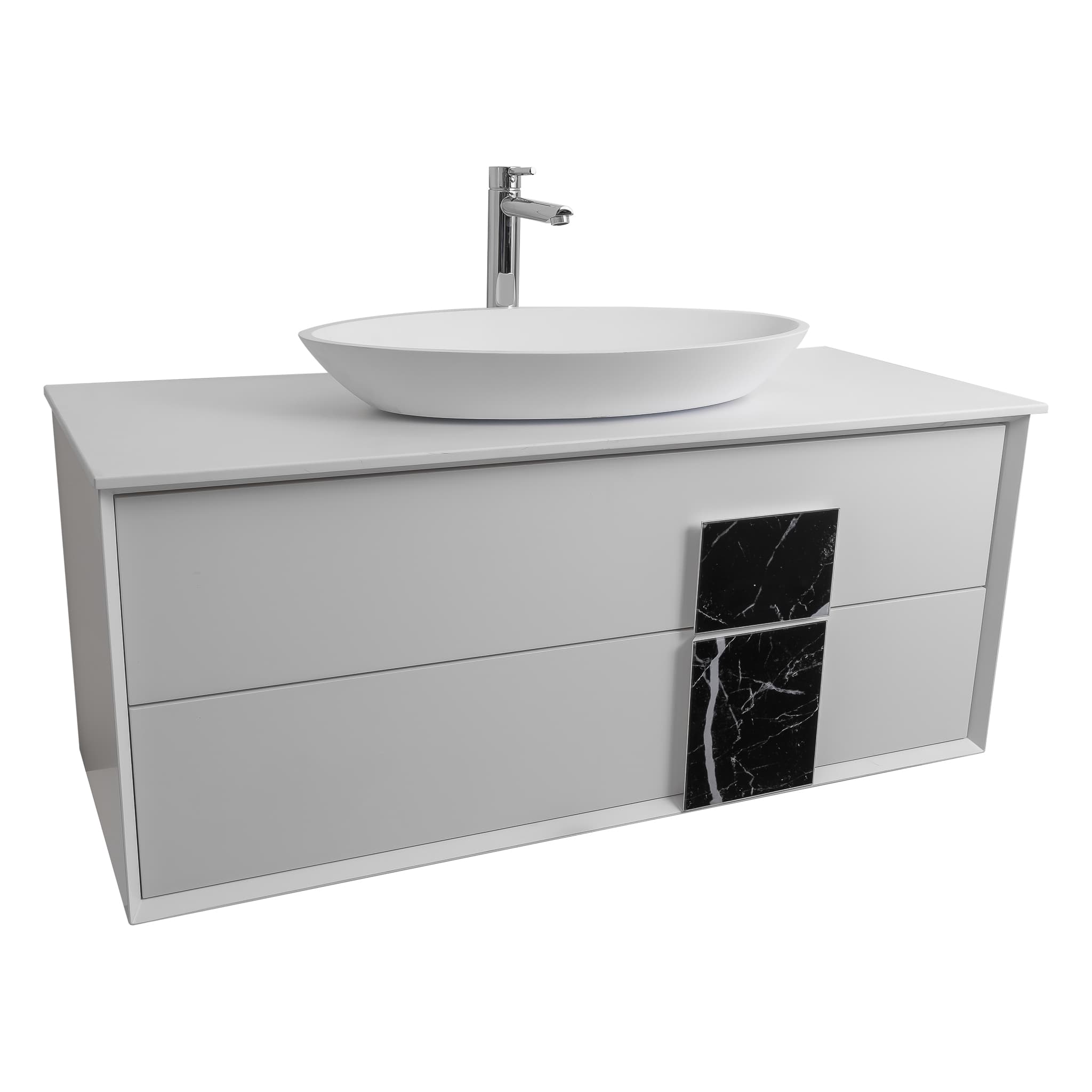 Piazza 47.5 Matte White With Black Marble Handle Cabinet, Solid Surface Flat White Counter and Oval Solid Surface White Basin 1305, Wall Mounted Modern Vanity Set