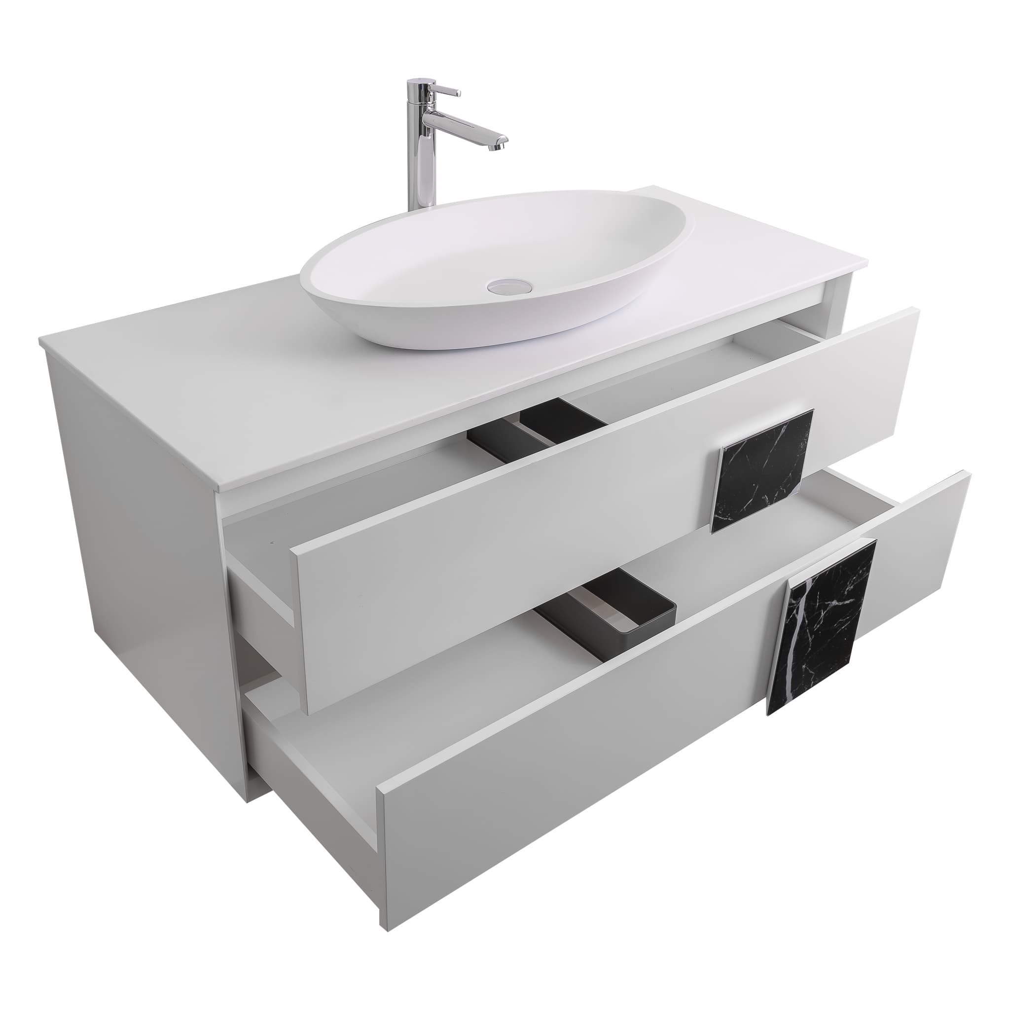 Piazza 47.5 Matte White With Black Marble Handle Cabinet, Solid Surface Flat White Counter and Oval Solid Surface White Basin 1305, Wall Mounted Modern Vanity Set
