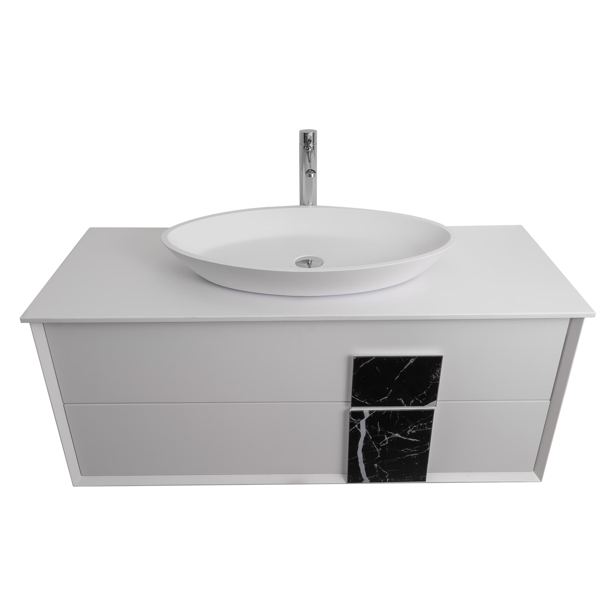 Piazza 47.5 Matte White With Black Marble Handle Cabinet, Solid Surface Flat White Counter and Oval Solid Surface White Basin 1305, Wall Mounted Modern Vanity Set