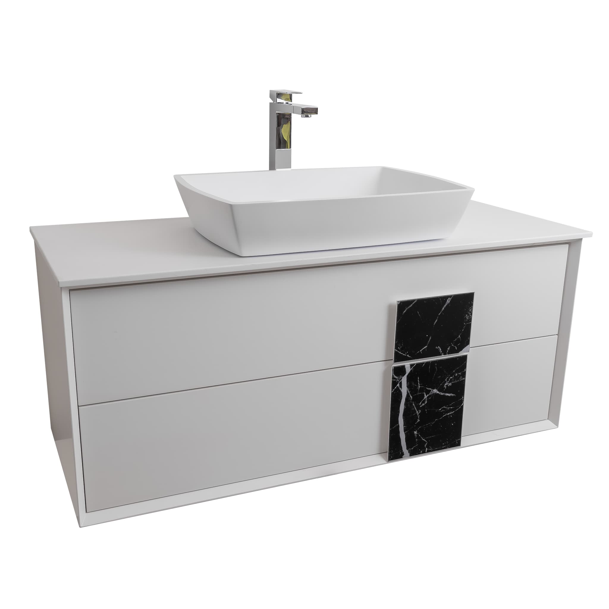 Piazza 47.5 Matte White With Black Marble Handle Cabinet, Solid Surface Flat White Counter and Square Solid Surface White Basin 1316, Wall Mounted Modern Vanity Set