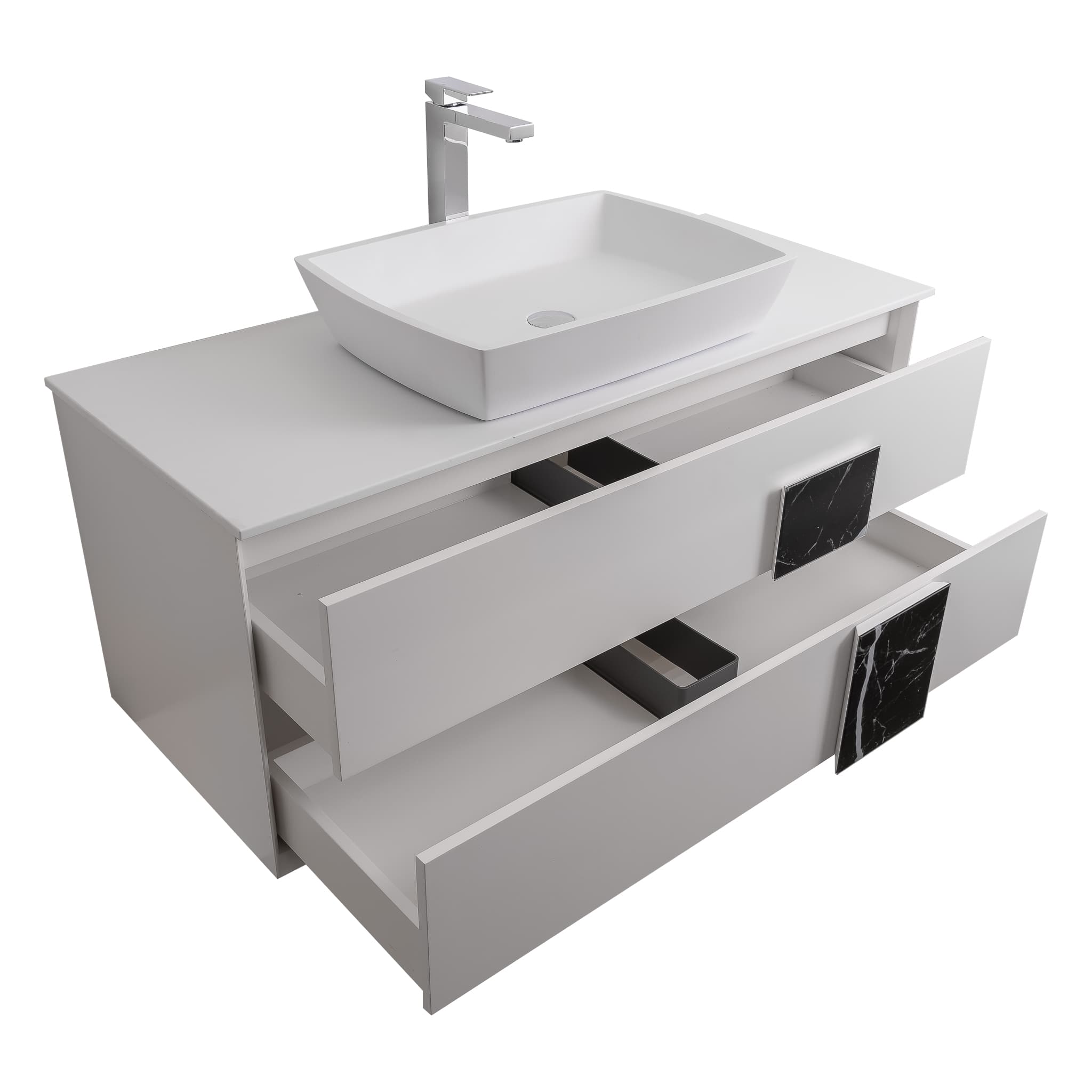 Piazza 47.5 Matte White With Black Marble Handle Cabinet, Solid Surface Flat White Counter and Square Solid Surface White Basin 1316, Wall Mounted Modern Vanity Set