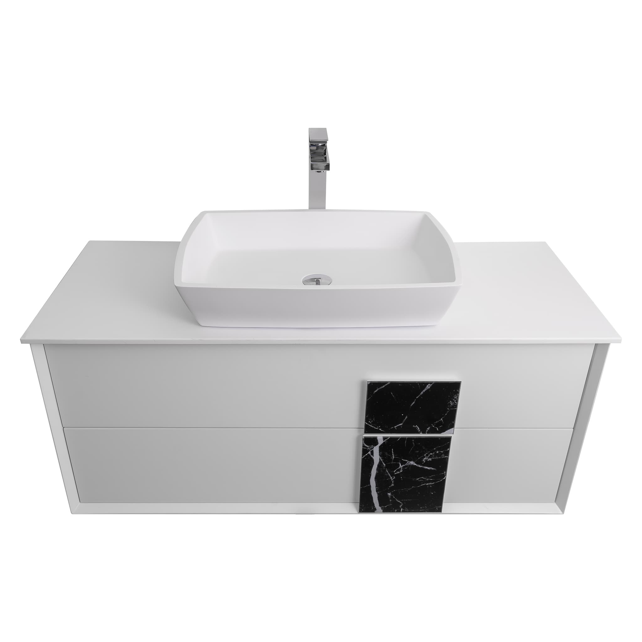 Piazza 47.5 Matte White With Black Marble Handle Cabinet, Solid Surface Flat White Counter and Square Solid Surface White Basin 1316, Wall Mounted Modern Vanity Set