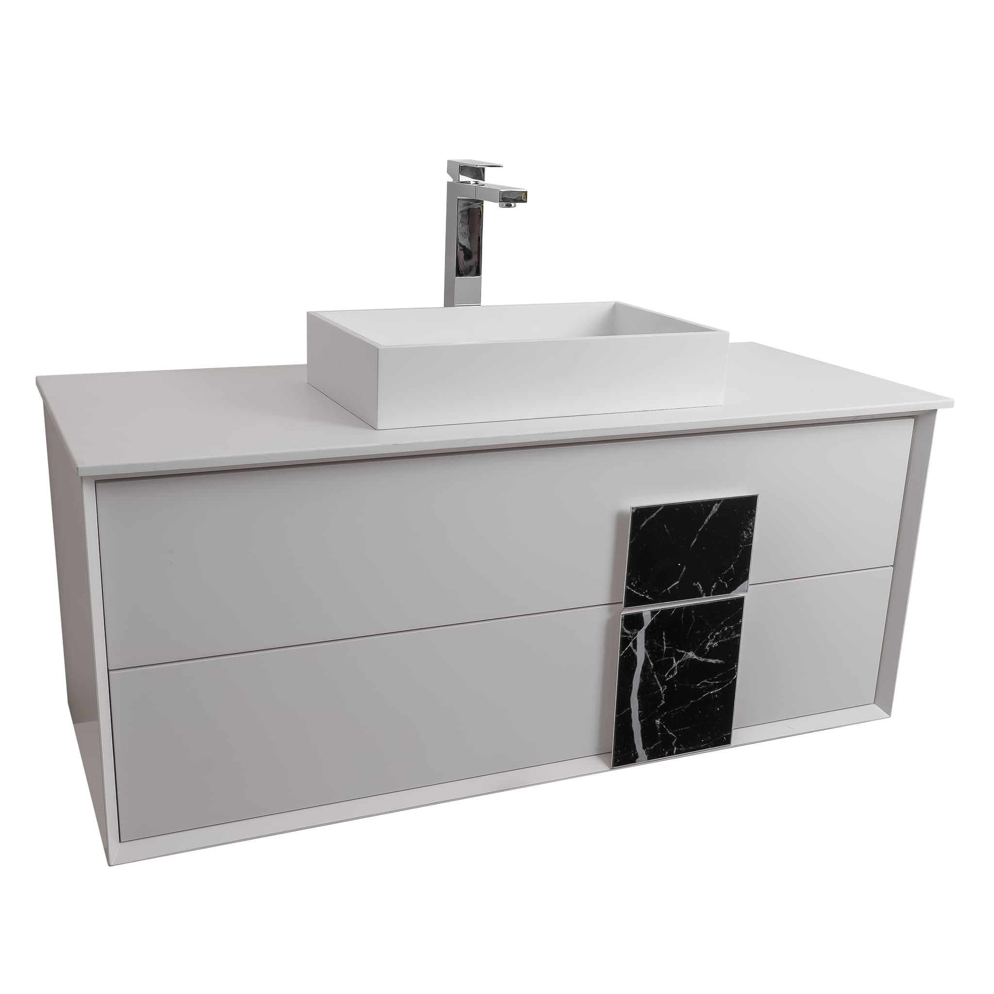 Piazza 47.5 Matte White With Black Marble Handle Cabinet, Solid Surface Flat White Counter and Infinity Square Solid Surface White Basin 1329, Wall Mounted Modern Vanity Set