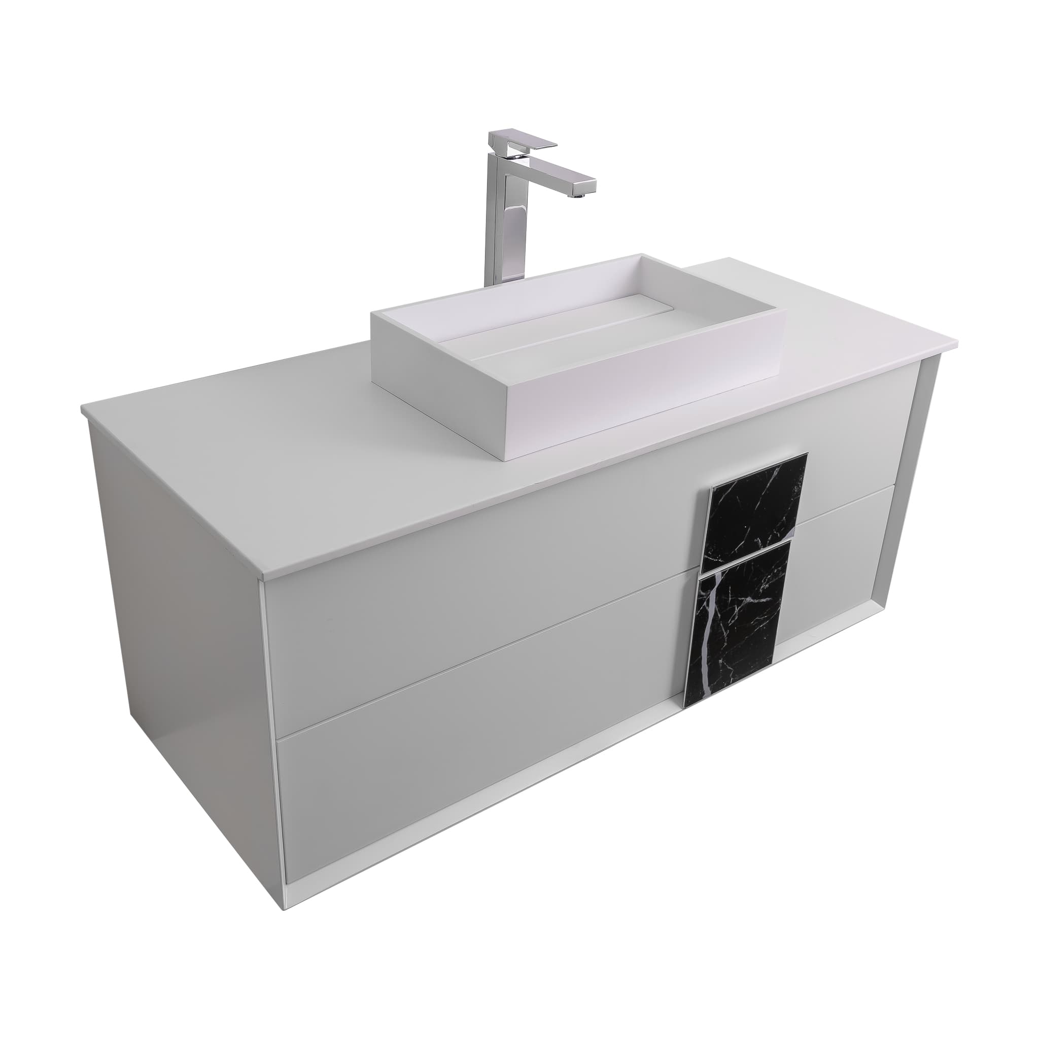 Piazza 47.5 Matte White With Black Marble Handle Cabinet, Solid Surface Flat White Counter and Infinity Square Solid Surface White Basin 1329, Wall Mounted Modern Vanity Set