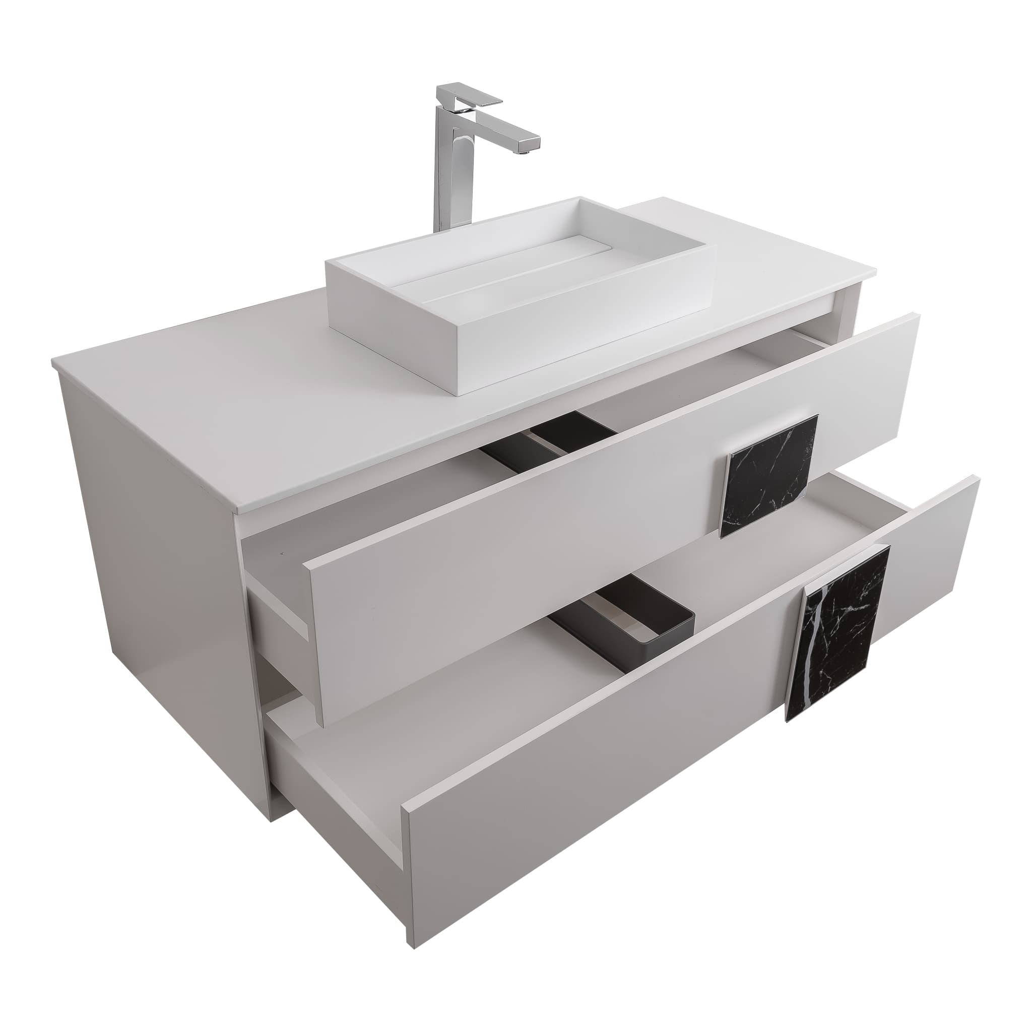 Piazza 47.5 Matte White With Black Marble Handle Cabinet, Solid Surface Flat White Counter and Infinity Square Solid Surface White Basin 1329, Wall Mounted Modern Vanity Set