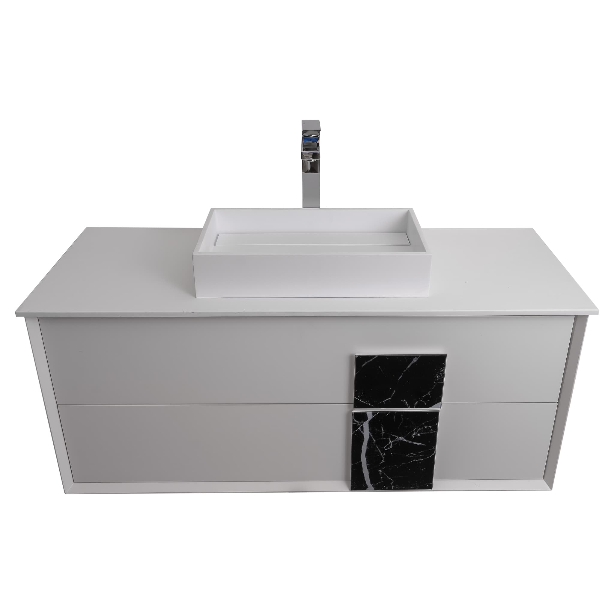 Piazza 47.5 Matte White With Black Marble Handle Cabinet, Solid Surface Flat White Counter and Infinity Square Solid Surface White Basin 1329, Wall Mounted Modern Vanity Set