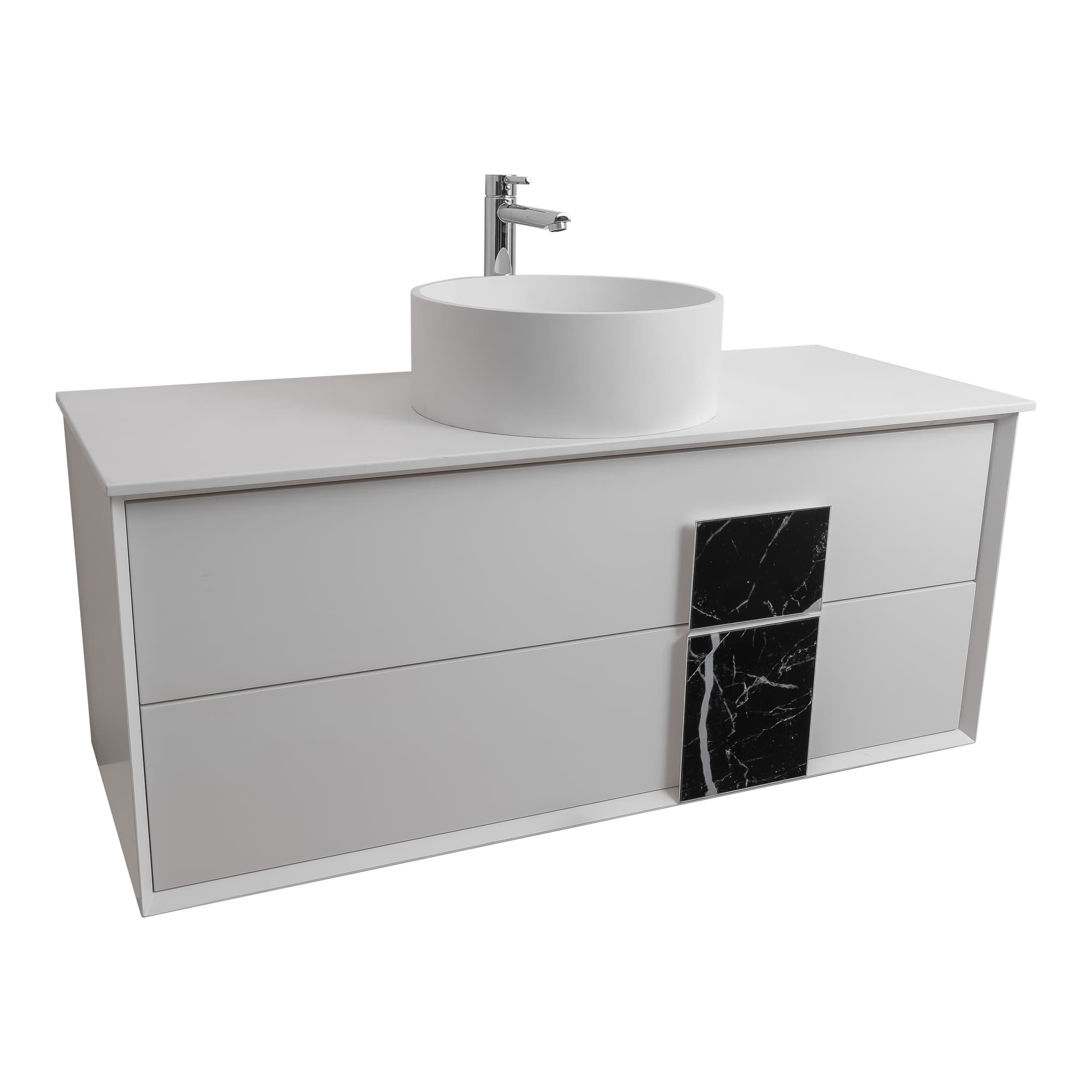 Piazza 47.5 Matte White With Black Marble Handle Cabinet, Solid Surface Flat White Counter and Round Solid Surface White Basin 1386, Wall Mounted Modern Vanity Set