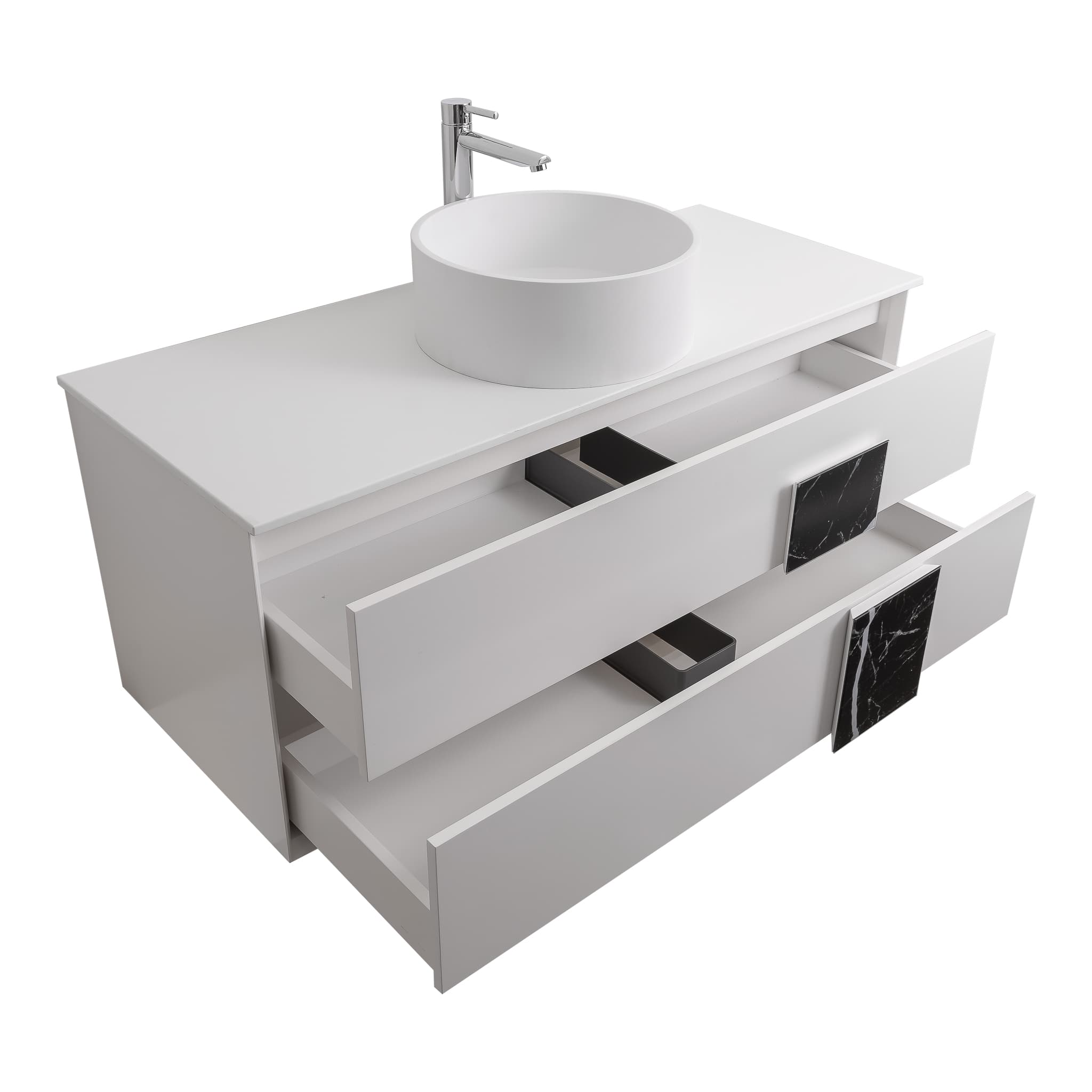 Piazza 47.5 Matte White With Black Marble Handle Cabinet, Solid Surface Flat White Counter and Round Solid Surface White Basin 1386, Wall Mounted Modern Vanity Set
